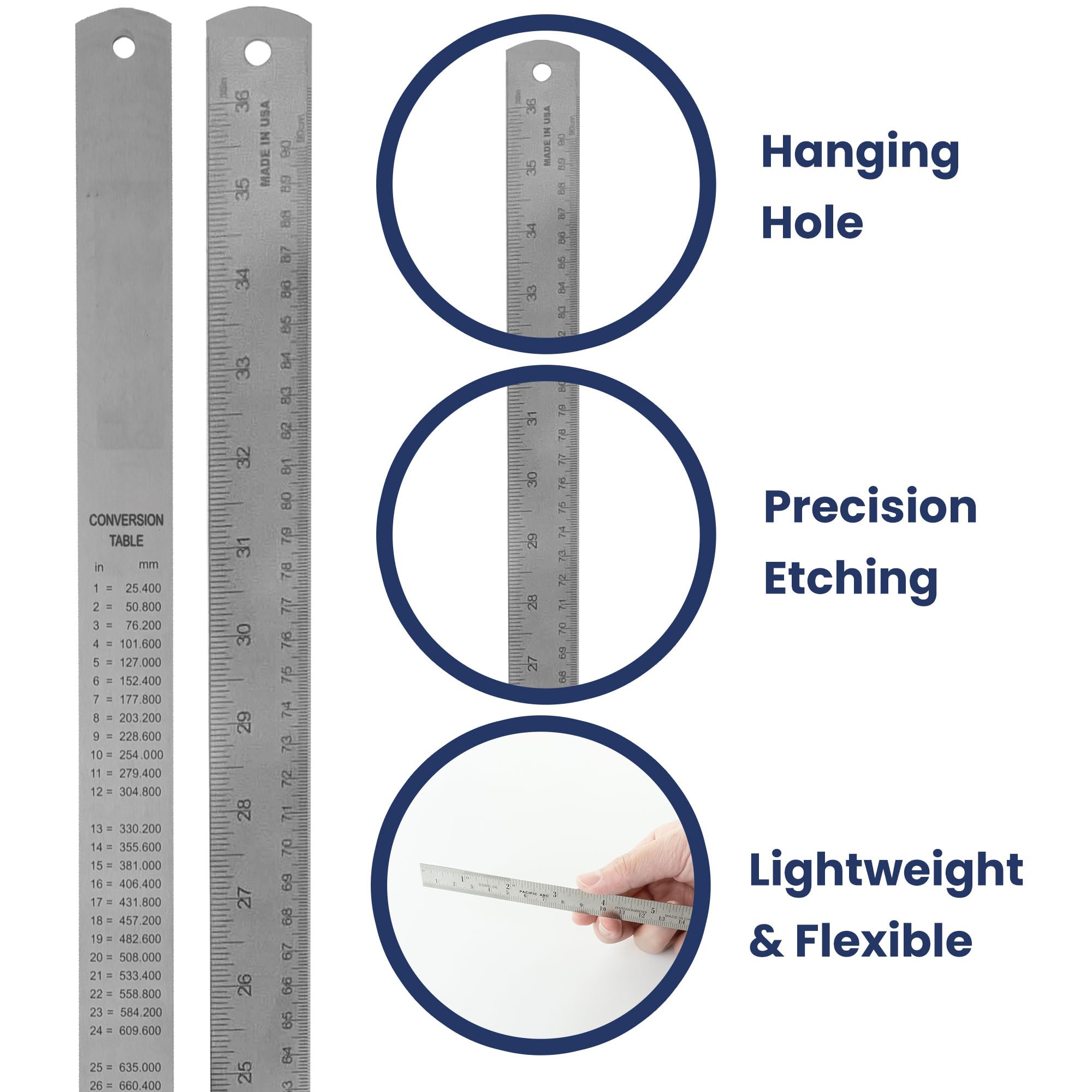 2 Pack Pacific Arc 12 Inch Stainless Steel Ruler with Inch/Metric Conversion Table