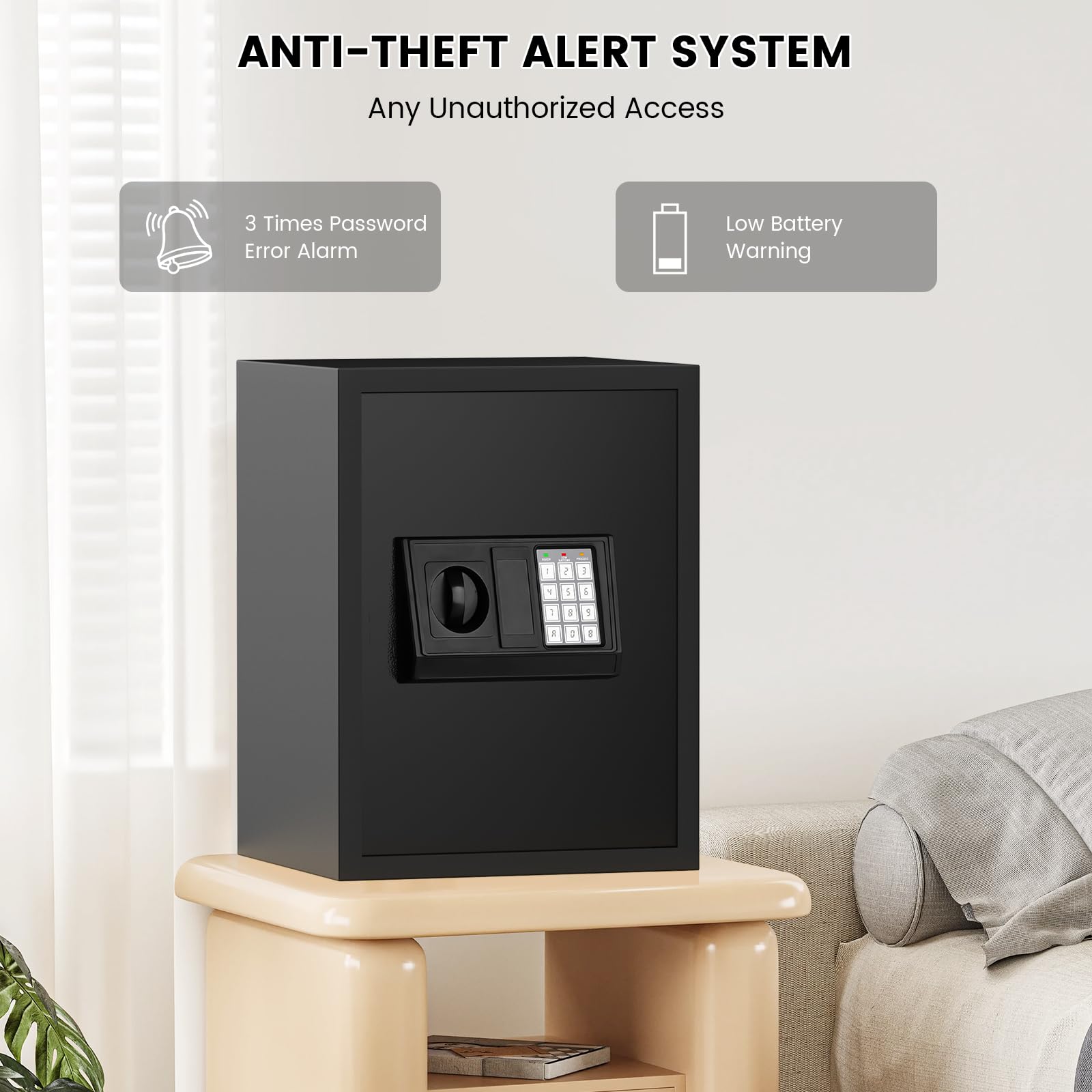 Home Safe Box, Safes with Fireproof Waterproof Bag, 9.84'' H Anti-Theft Digital Security Lock Box with Smart Alert System, Removable Shelf, Mute Function, Document Safes for Jewelry