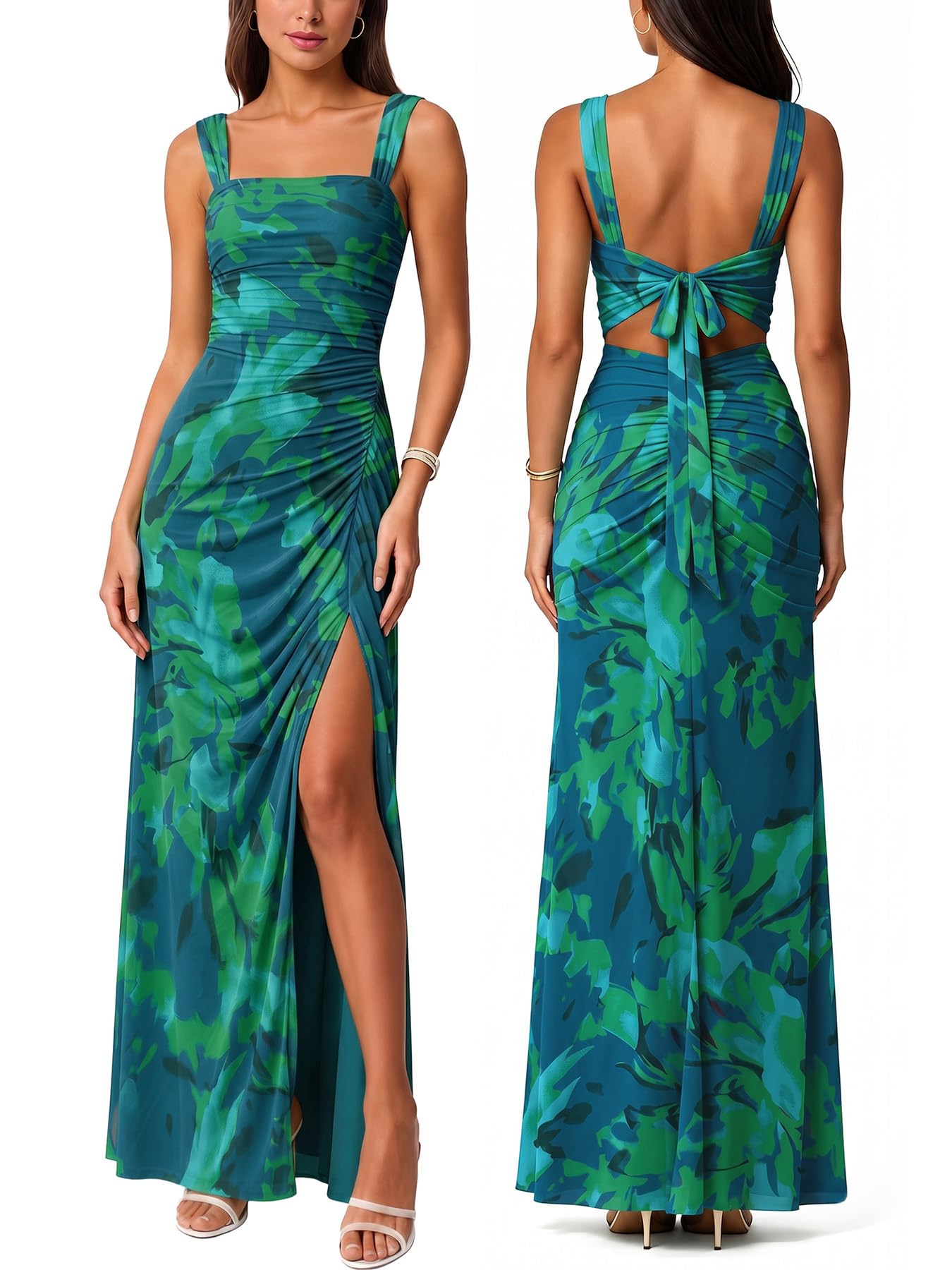 Women Sexy Mesh Tie Low Back Sleeveless Split Ruched Maxi Dress Party Cocktail Long Dress Wedding Guest Dresses