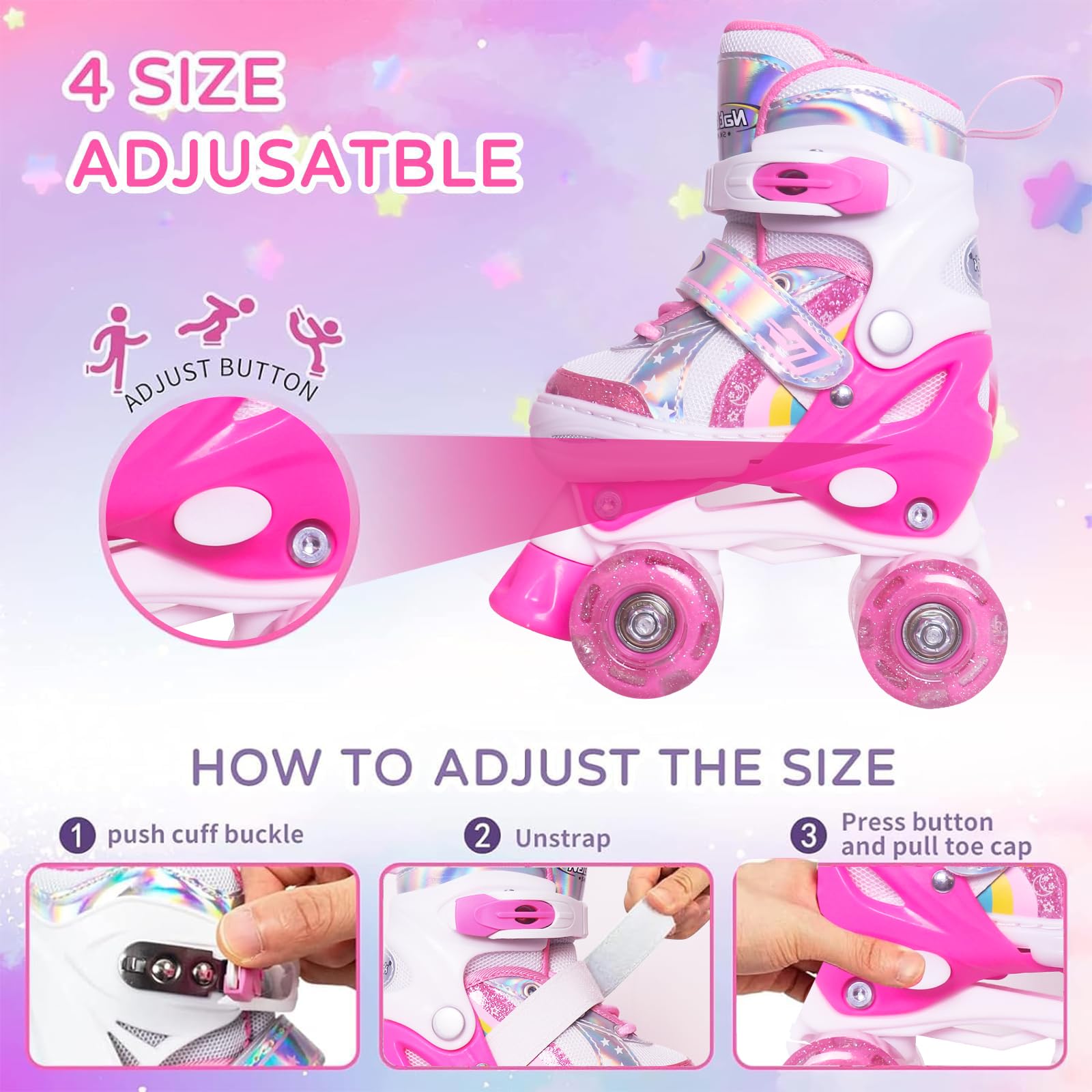 Nattork Girls Roller Skates for Kids, 4 Size Adjustable Rainbow Quad Skates with All Light Up Wheels - Best Birthday Gift for Outdoor Sports