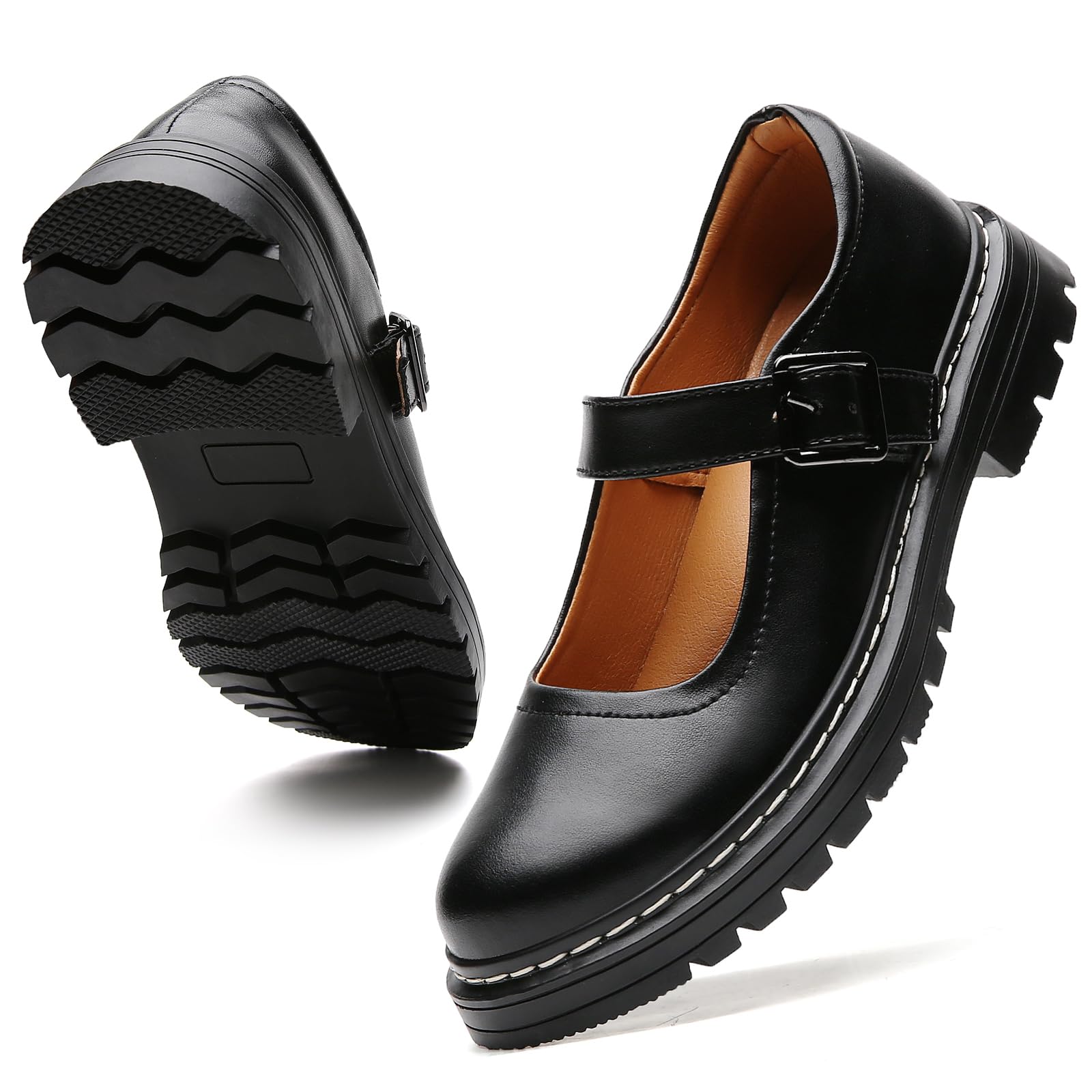 Mary Jane Shoes Women Platform Non-Slip Classics Round Toe Ankle Strap Comfort Casual Oxford Dress Work Mary Jane Flat Shoes