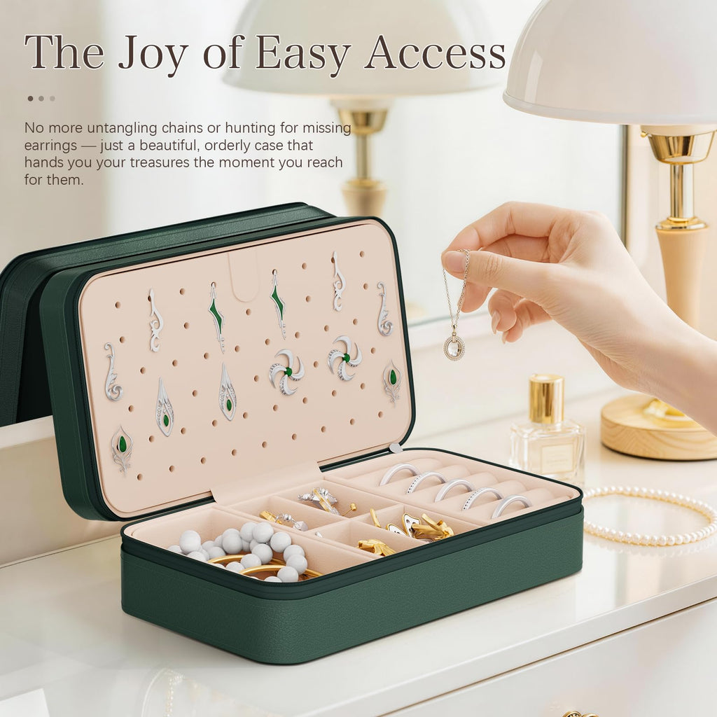 DesignSter Travel Jewelry Box, PU Leather Portable Jewelry Case, Small Jewelry Boxes for Gifts, Travel Jewelry Organizer for Women Rings Earrings Necklaces Bracelets (Avocado Green)