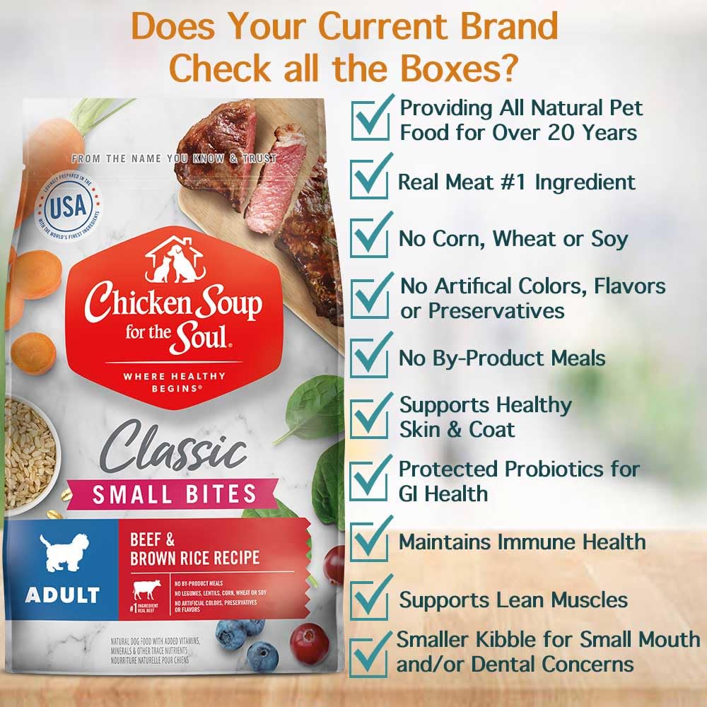 Chicken Soup for The Soul All Natural Premium Small Bites Adult Dry Dog Food, Real Meat First Ingredient, No by-Products, Supports Gut & Immune Health, Beef & Brown Rice, 13.5lb