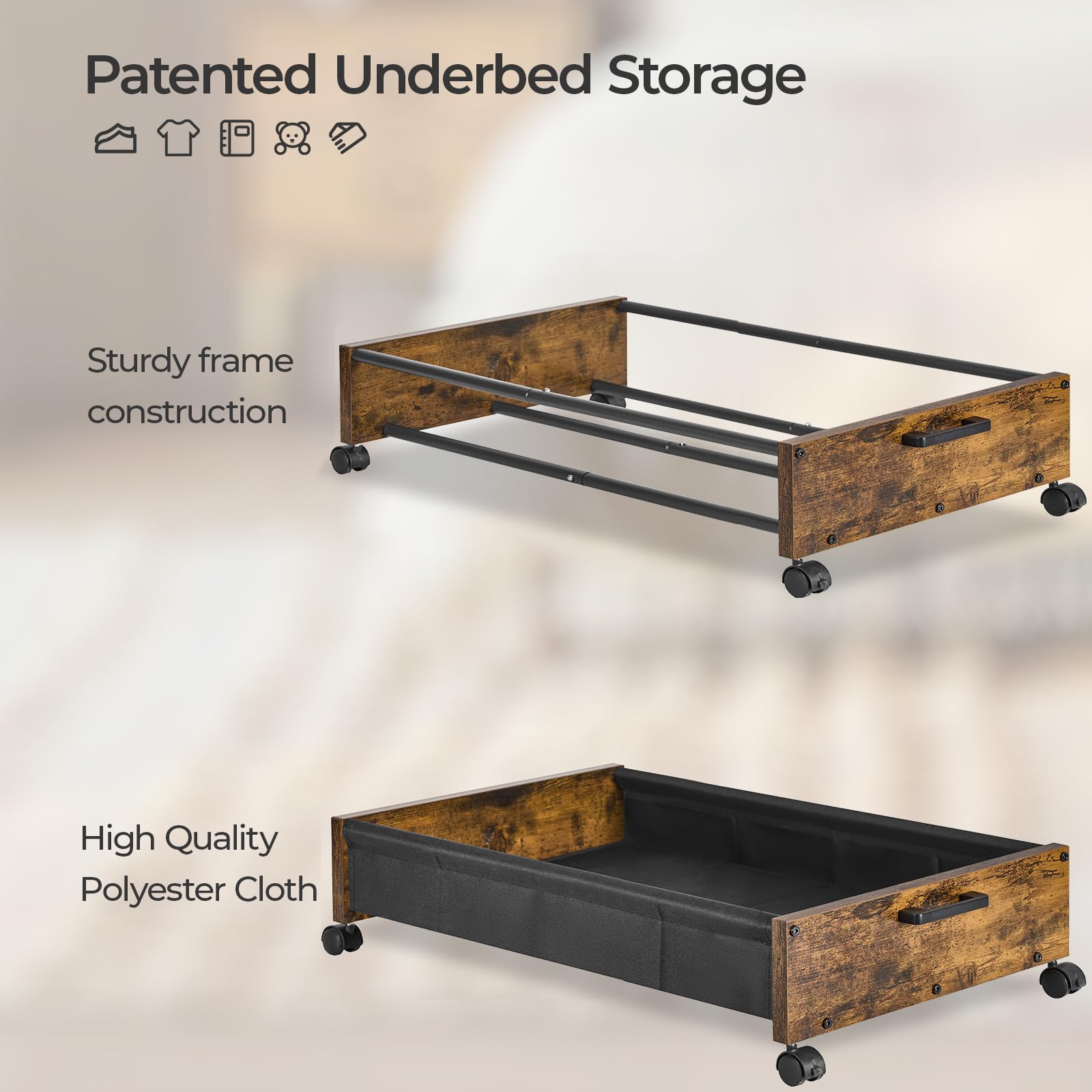 FOUCSSOMEI Under Bed Storage with Wheels, Wooden Under Bed Drawers On Wheels, Rolling Under Bed Shoe Storage, Space Saving, Black,30L