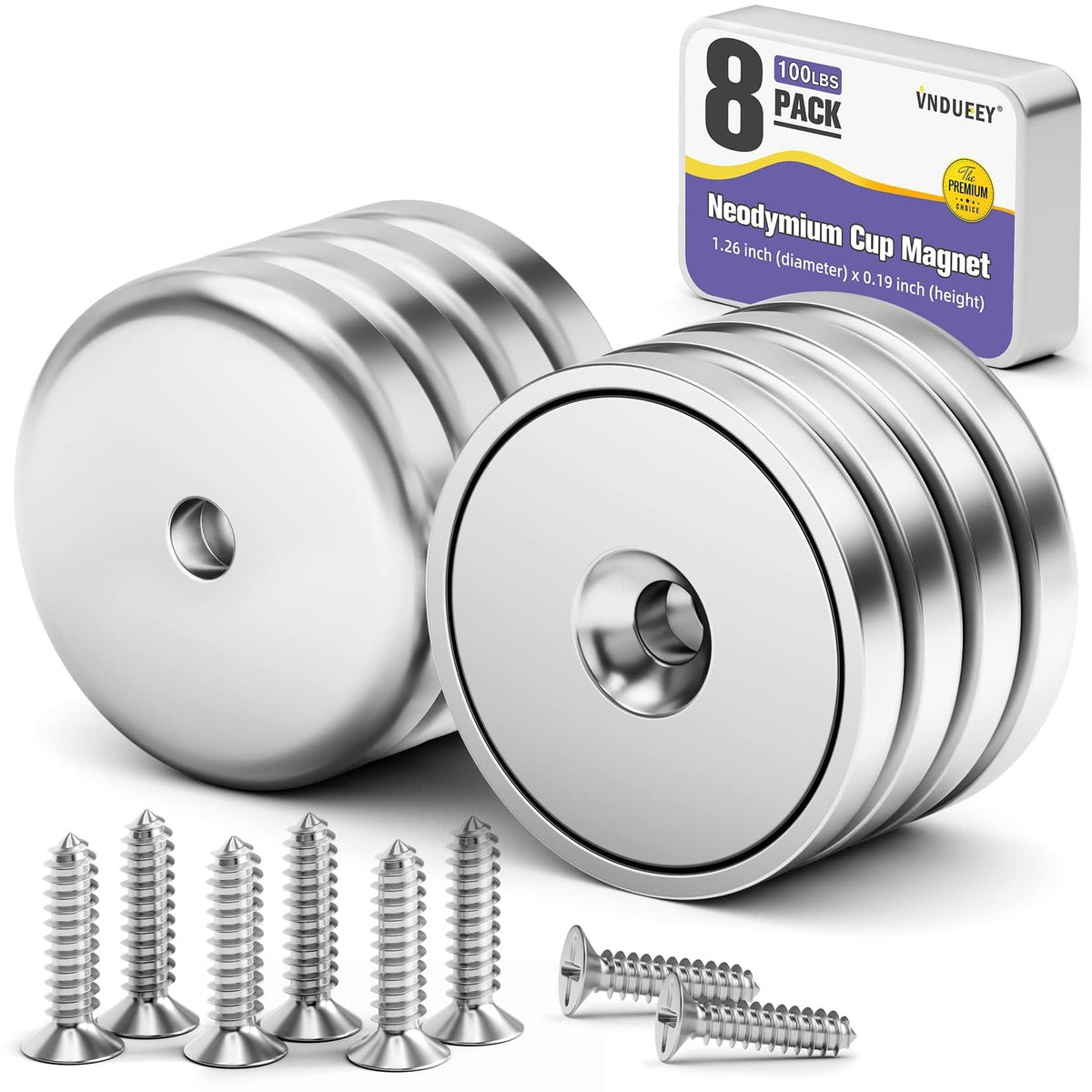 VNDUEEY Magnets with Holes, Strong Rare Earth Magnets, 8 Pack 40LBS Neodymium Cup Magnet with Stainless Screws for Wall Mounting, Round Base Disc Magnet for Kitchen, Office, Workplace, DIY Craft