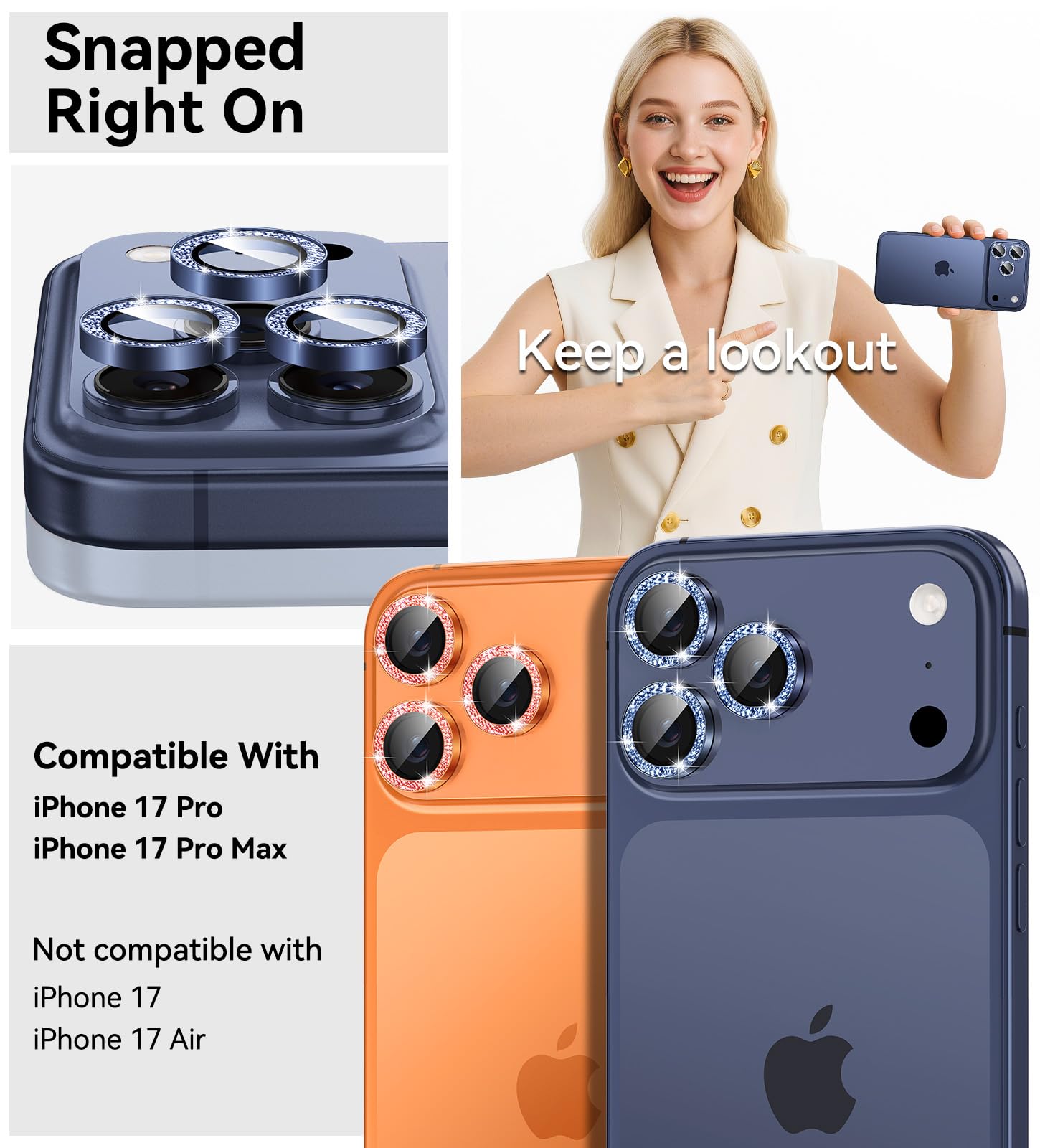 Matekxy Glitter Camera-Lens Protector for iPhone-16 Pro-Max - 16 Pro Anti-Scratch Tempered Glass with Aluminum Edging, Cute Girly Metal Individual Bling Ring Cover for Women, Black Titanium