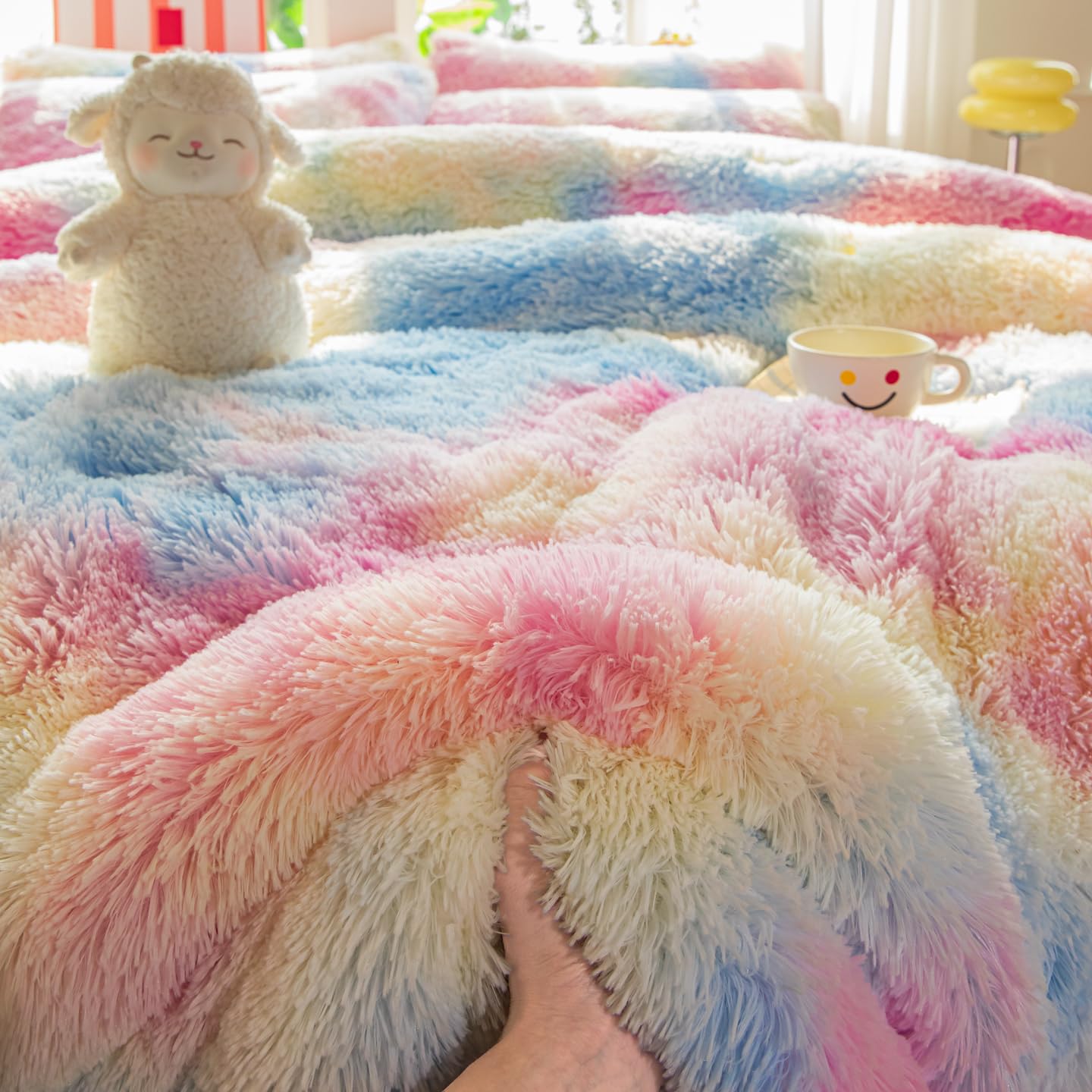 Faux Fur Kids Girls Purple Rainbow Comforter Sets Twin/Full - 3PC Bed Set Warm Comfortable Soft Plush Flannel Velvet Fluffy Fuzzy Bedding（Comforter x 1 Pillowcases x 2）