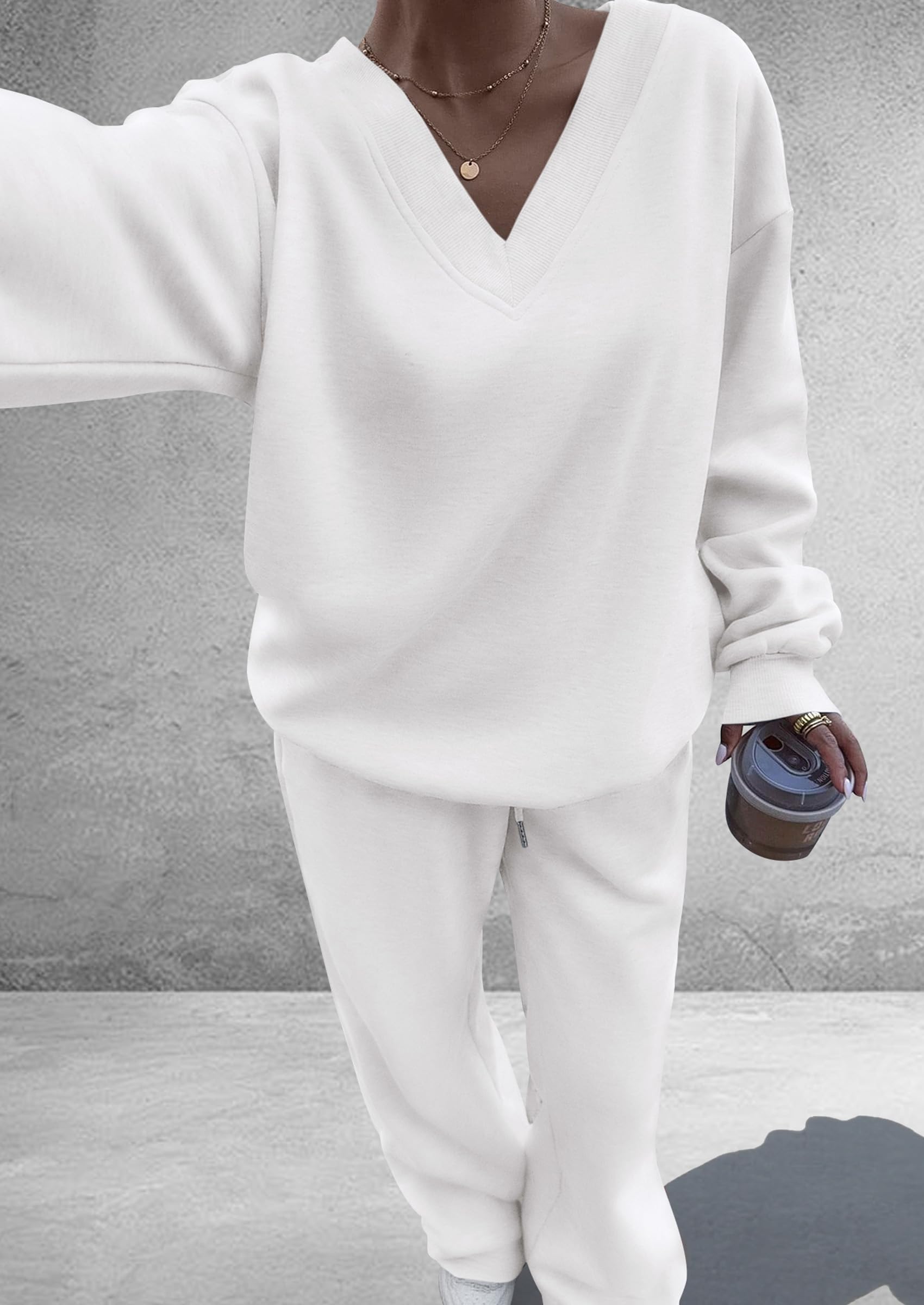 PRETTYGARDEN Casual Winter Two Piece Sets for Women 2026 V Neck Sweatshirt Loose Wide Leg Pants Tracksuit Knit Fall Outfits