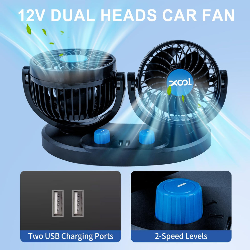 XOOL Clip Car Fan, 9 Inches 12V/24V Fan, 360° Rotatable Electric Cooling Clip on Fan with Stepless Speed Regulation for SUV, RV, Truck