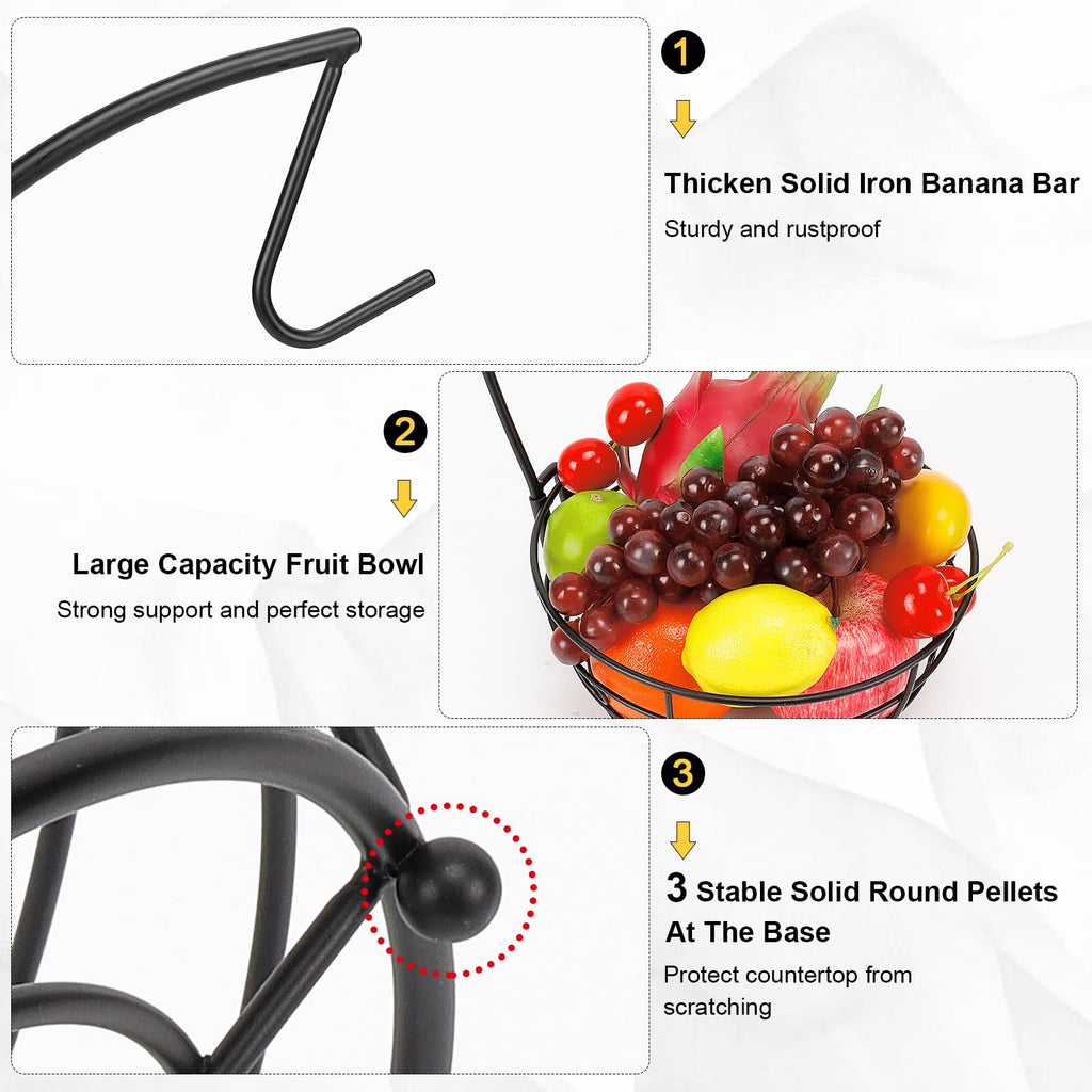 Livabber Countertop Fruit Basket Bowl with Banana Hanger, Modern Standing Fruit Vegetable Bowl Storage, with Banana Tree Holder for Kitchen Dinning Table (Round Marble, Black)