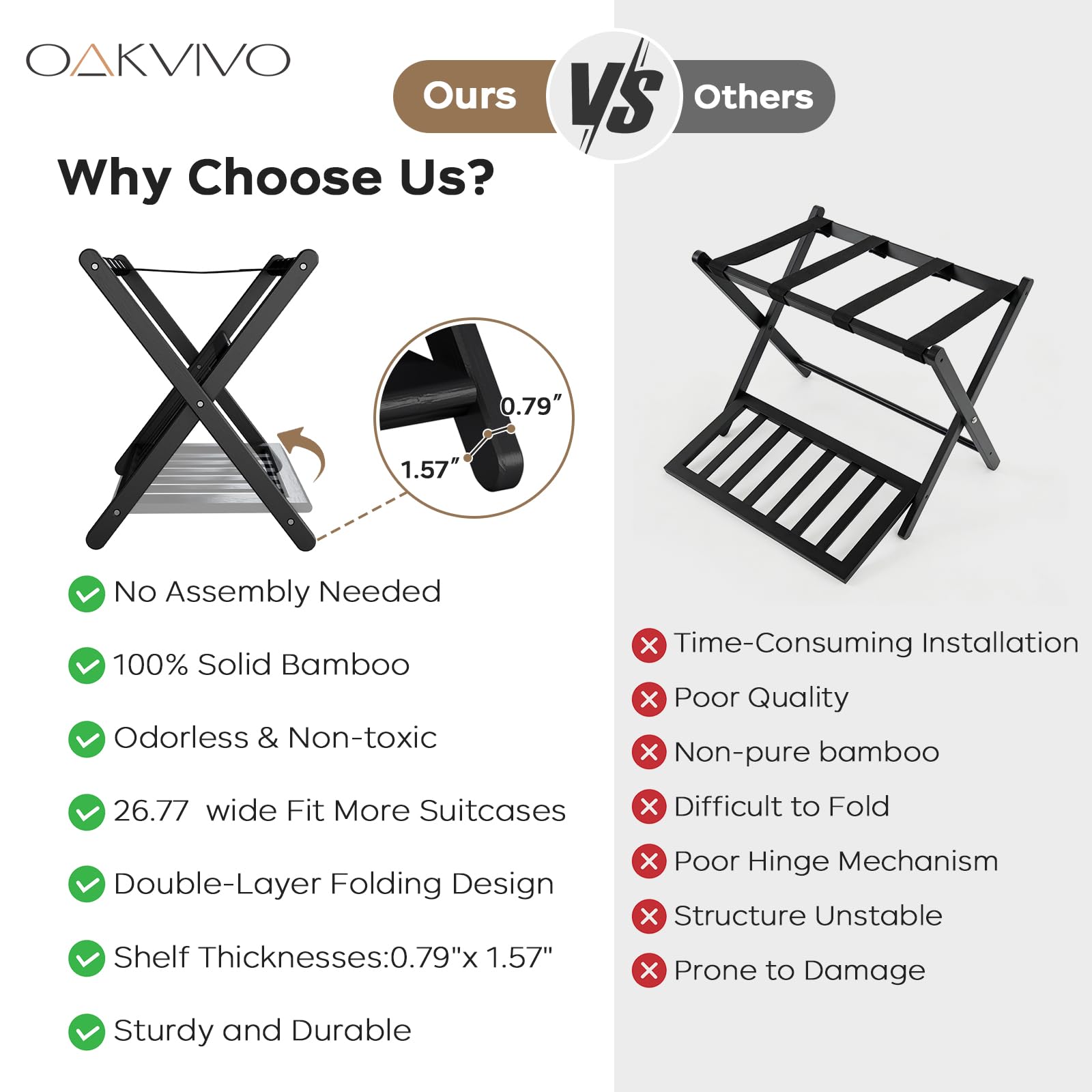 oakvivo Fully Assembled Black Luggage Rack for Guest Room, Bamboo Foldable Suitcase Stand with 5 Nylon Straps, Upgraded Luggage Rack Holder with Shelf for Bedroom Hotel, Holds up to 165 Lbs, 1pcs