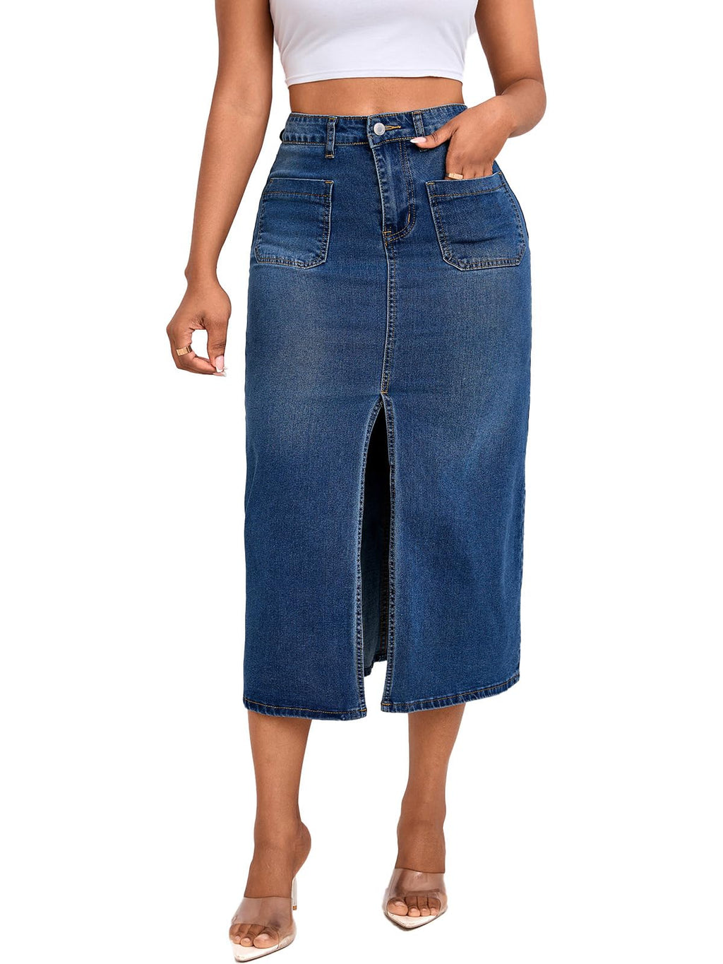 Jean Skirt for Women Denim Skirt High Waist Stretch Midi Denim Skirts with Pockets