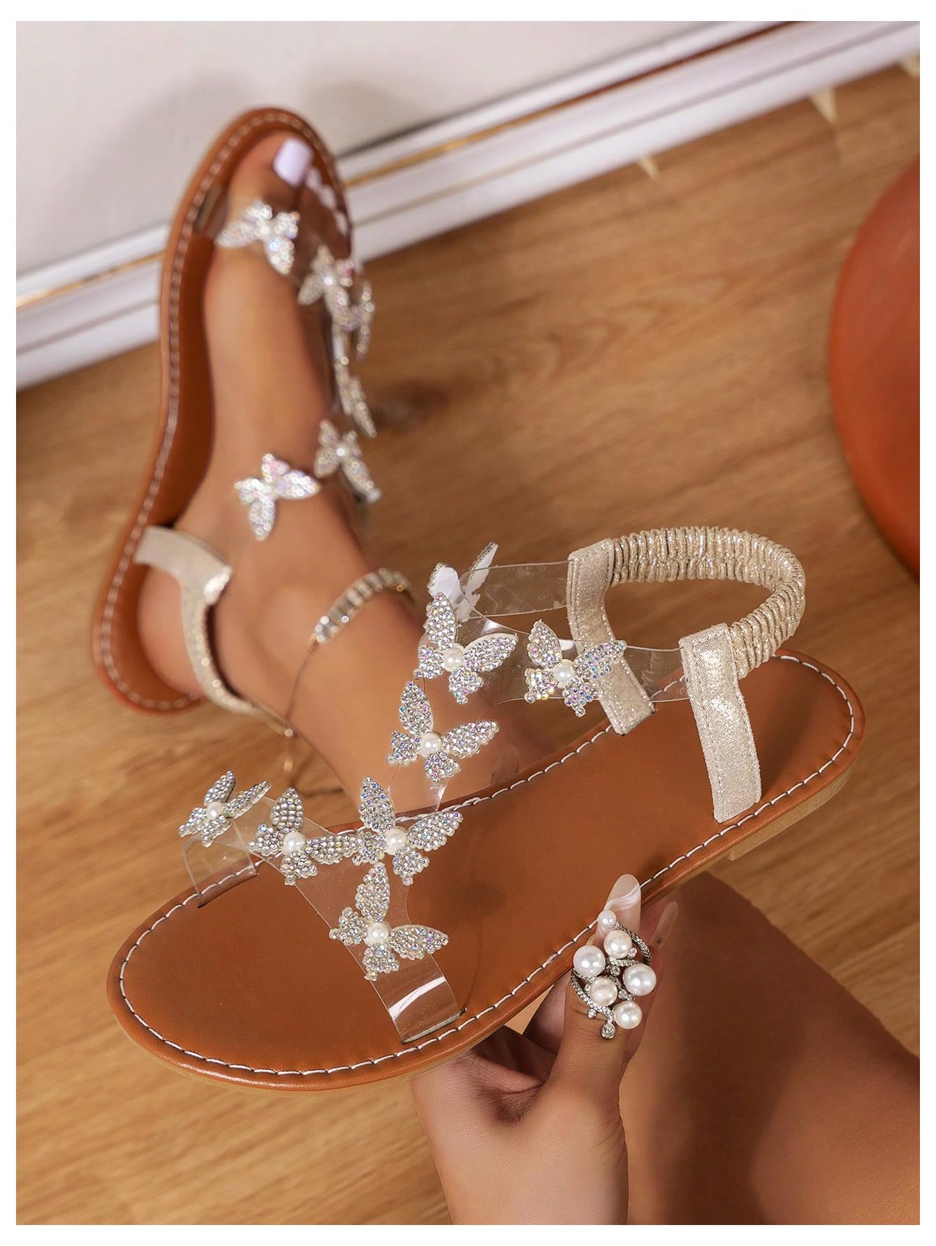 Floerns Women's Elegant Rhinestone Butterfly Transparent Elastic Strap Summer Flat Sandals