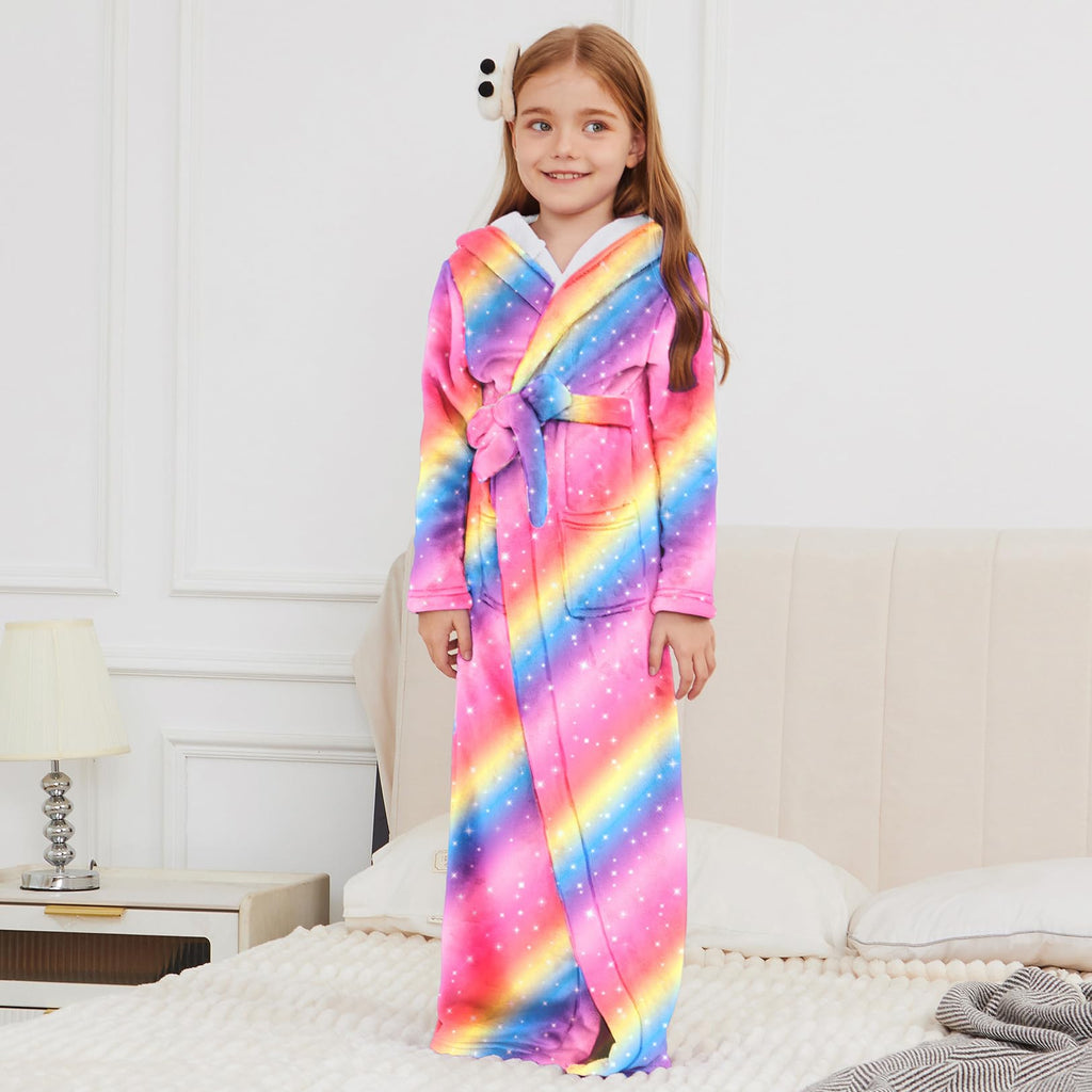 Jxstar Girls Bathrobes Kids Long Hooded Robes Plush Full Length Coral Fleece Pajamas Sleepwear