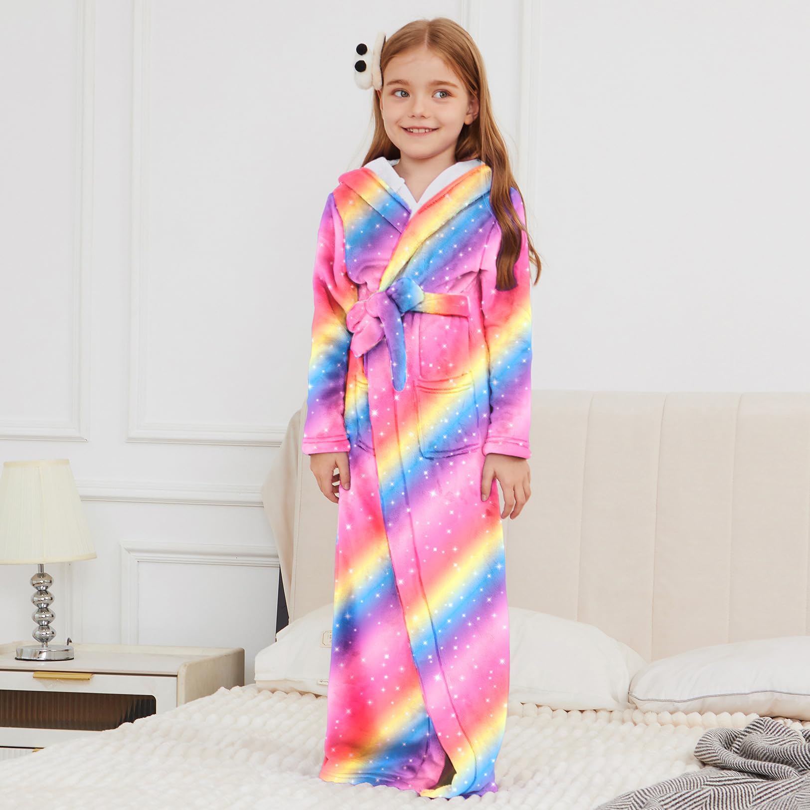 Jxstar Girls Bathrobes Kids Long Hooded Robes Plush Full Length Coral Fleece Pajamas Sleepwear
