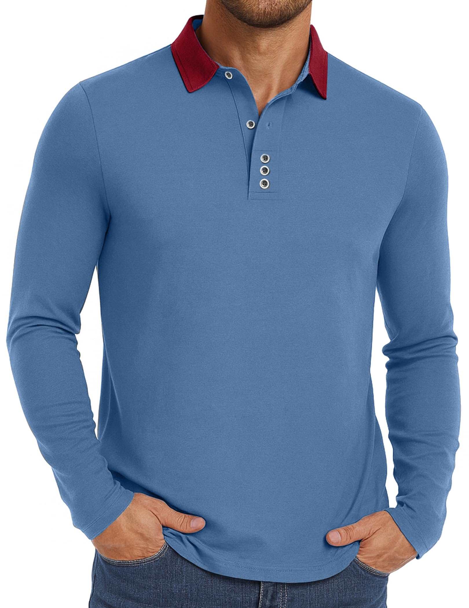 PEGENO Mens Polo Short/Long Sleeve Shirt Classic Button Basic Solid Color Designed Collared Polo Shirt Fashion Casual Shirts