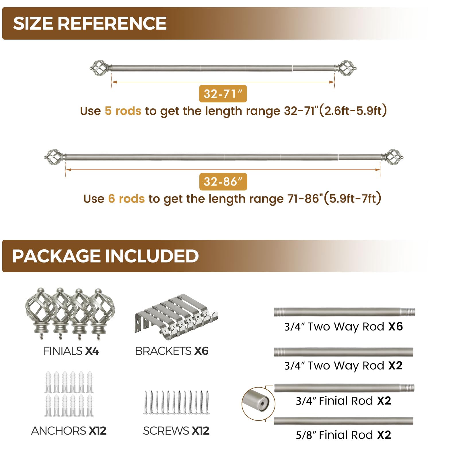 KAMANINA Silver Curtain Rod 32 to 58 Inch(2.6-4.8ft), Adjustable Curtain Rods for Windows 28 to 48 Inch, 3/4 Inch Splicing Drapery Rods with Twisted Cage Finial
