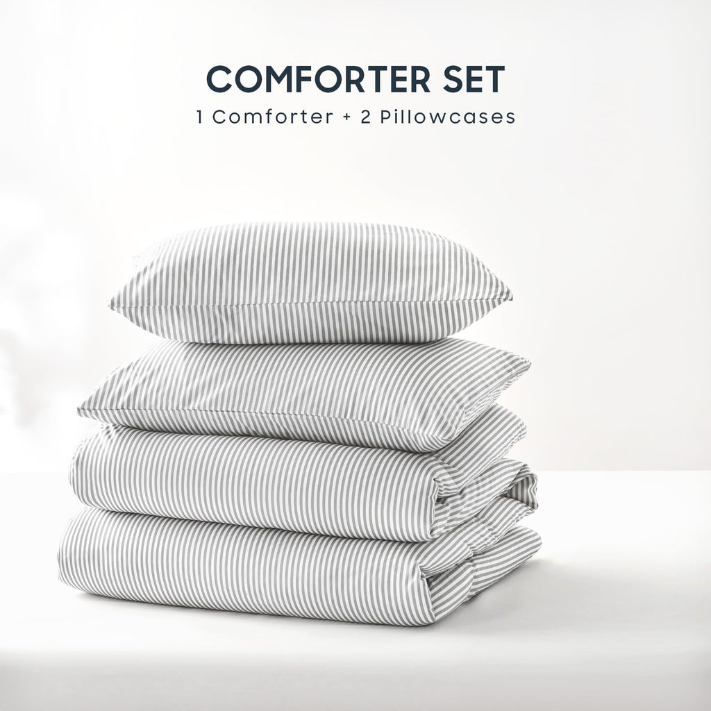 Wake In Cloud - Striped Comforter Set, Ticking Stripe Vertical Pinstripe Neutral Farmhouse Pattern Printed, Soft Lightweight Bedding, 3 Pieces, Blue White, Twin/Twin XL Size