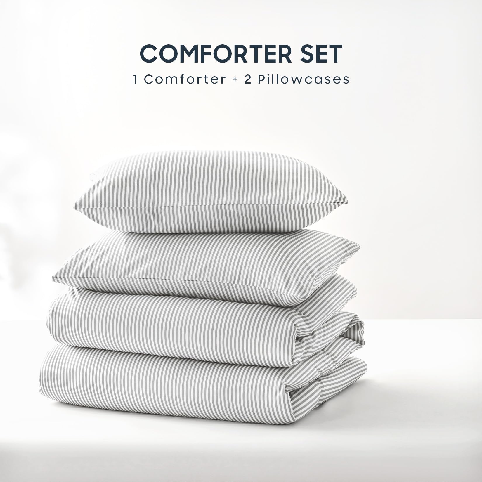 Wake In Cloud - Striped Comforter Set, Ticking Stripe Vertical Pinstripe Neutral Farmhouse Pattern Printed, Soft Lightweight Bedding, 3 Pieces, Blue White, Twin/Twin XL Size