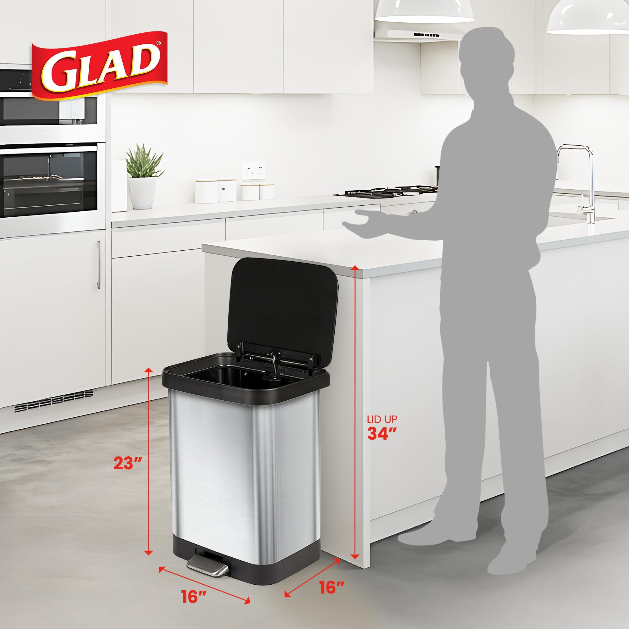 Glad 13 Gallon All Brushed Stainless Steel Trash Can with Clorox Odor Protection | Large Metal Kitchen Garbage Bin with Soft Close Lid, Garbage Bag Rings, Step On Foot Pedal and Waste Bag Roll Holder