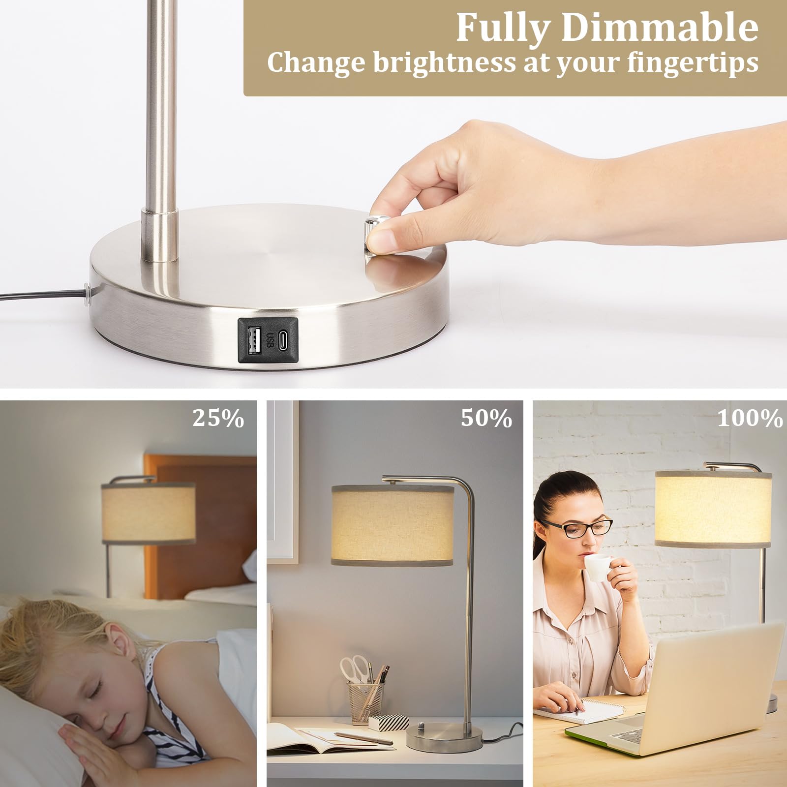 Table Lamps Set of 2, Fully Dimmable Bedside Lamp with USB C+A Charging Ports, Modern Nightstand Lamps with Linen Fabric Shades, Tall Desk Lamp for Bedroom, Living Room, Office, LED Bulb Included