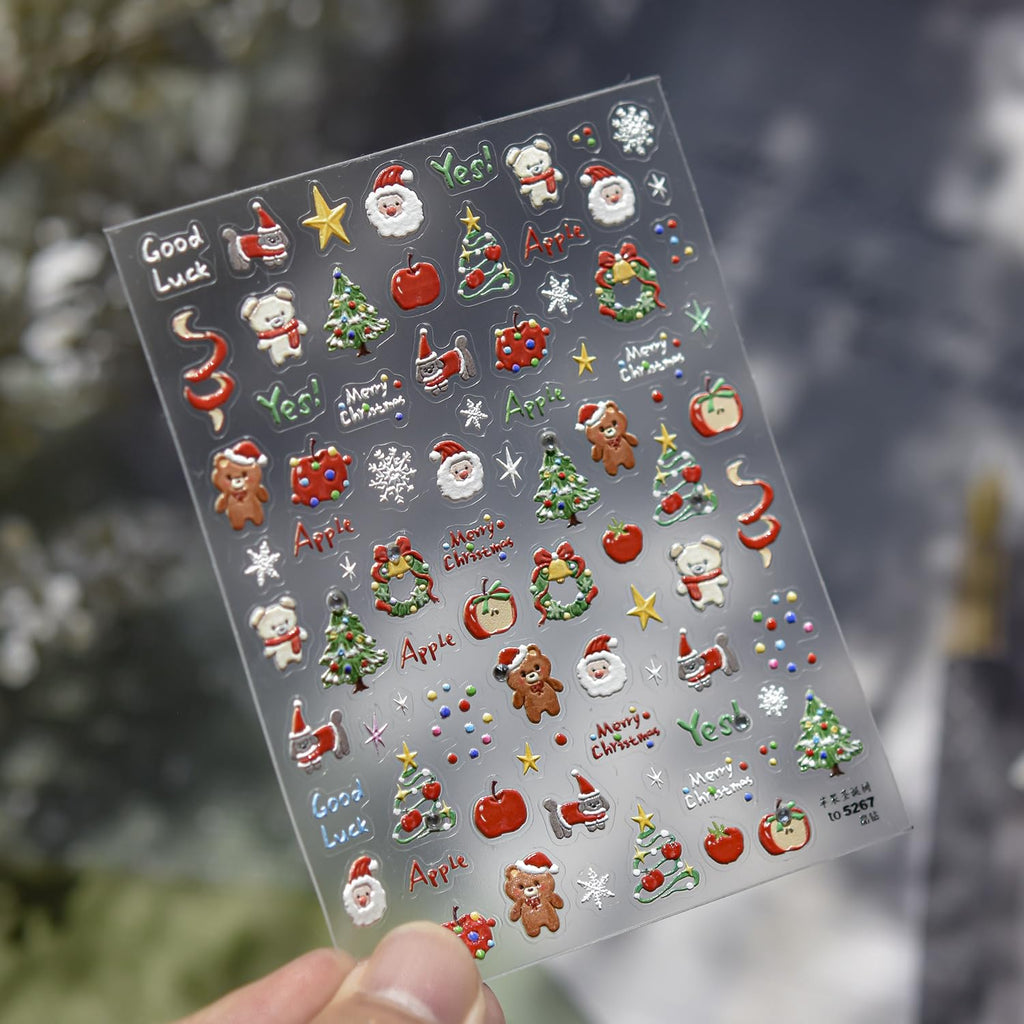 Christmas Nail Art Stickers Decals 5D Embossed Santa Claus Xmas Tree Nail Decals with Crystal 1PCS Cute Bear Bow Candy Cane Snowflake Christmas Nails Adhesive Stickers for Holiday Manicure Decorations