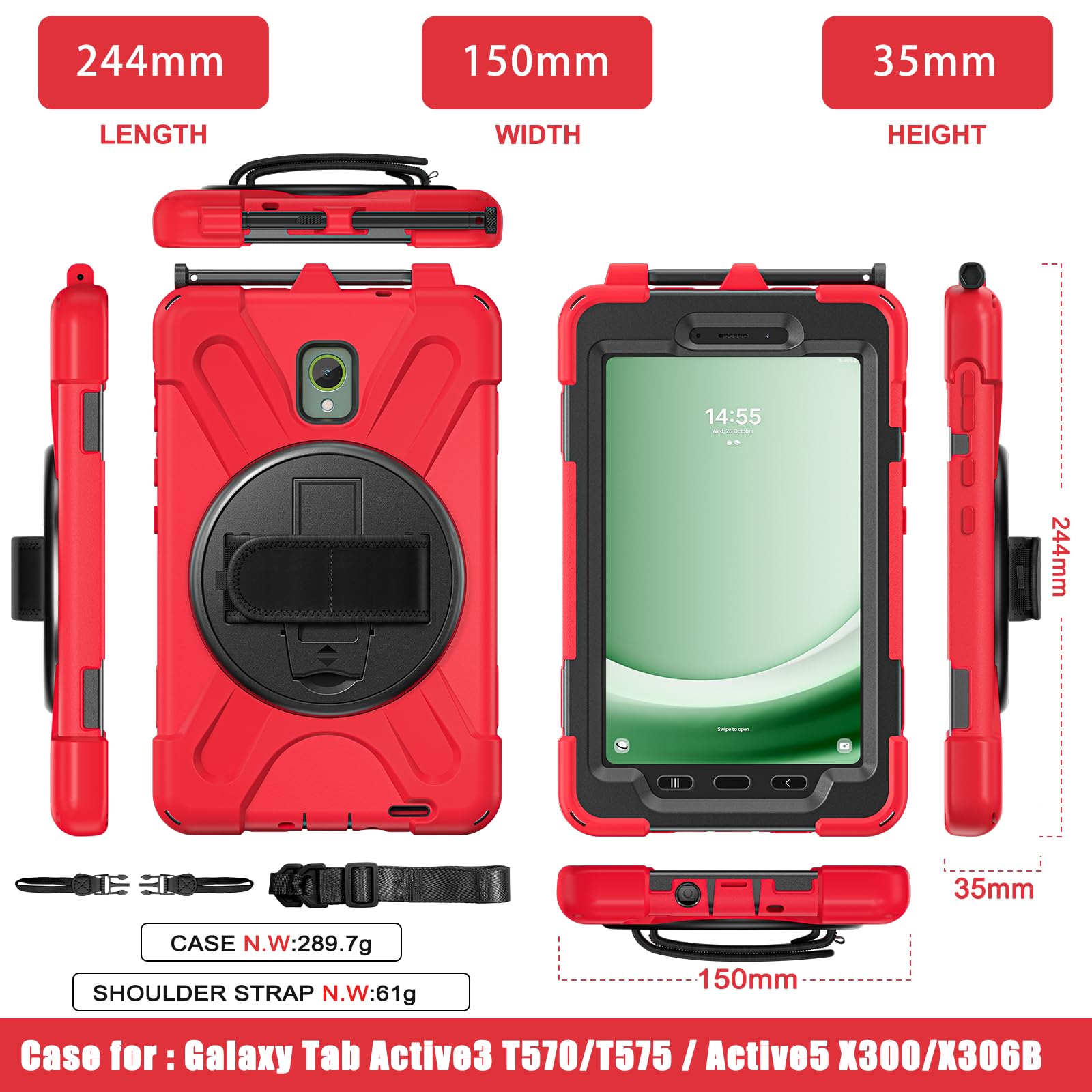 Samsung Galaxy Tab Active5/Active 3 8.0 Case, with 360 Stand, Handle Hand Strap & Shoulder Strap for Galaxy Tab Active5 8" 2024 X300/X307, Active3 8" 2020 T570/T575/T577 (Black)
