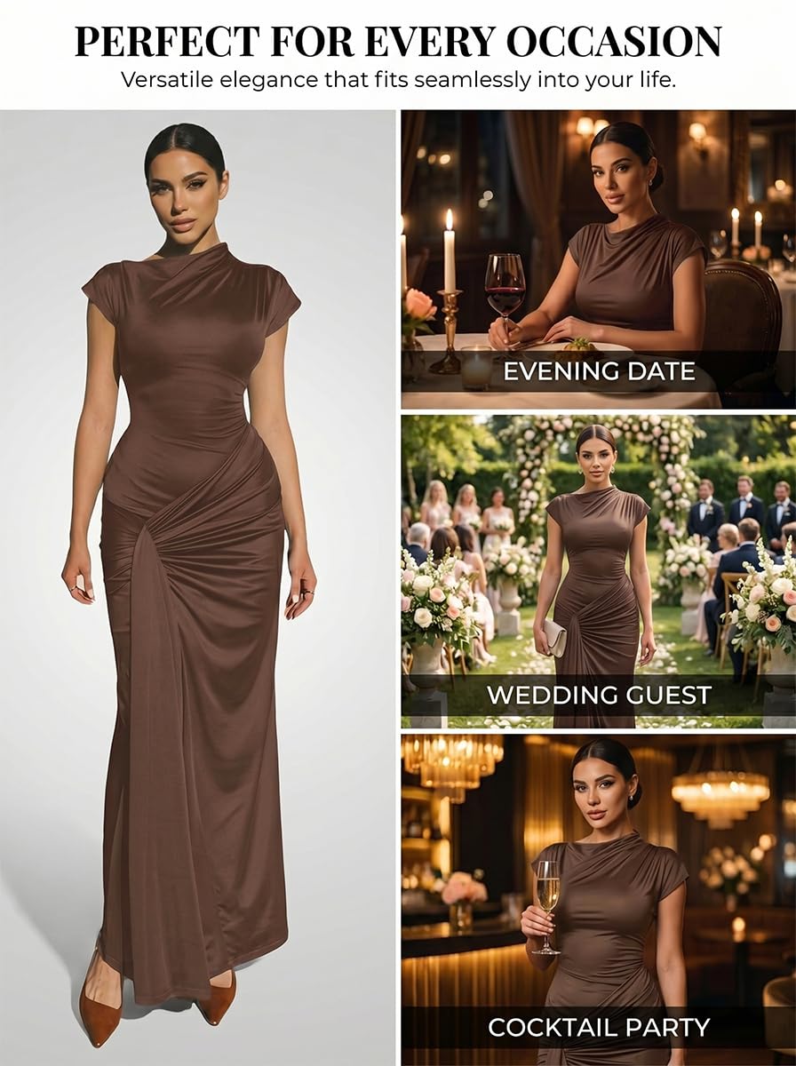 Mojessy Women Bodycon Maxi Dress Sexy Mock Neck Lace Up Bandage Ruched Short Sleeve Long Dress Cocktail Dress