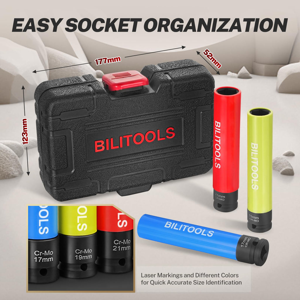 BILITOOLS 1/2 inch Drive Impact Lug Nut Socket Set, 15 17 19 21 22 MM Non-Marring Thin Wall Wheel Protector Nut Socket