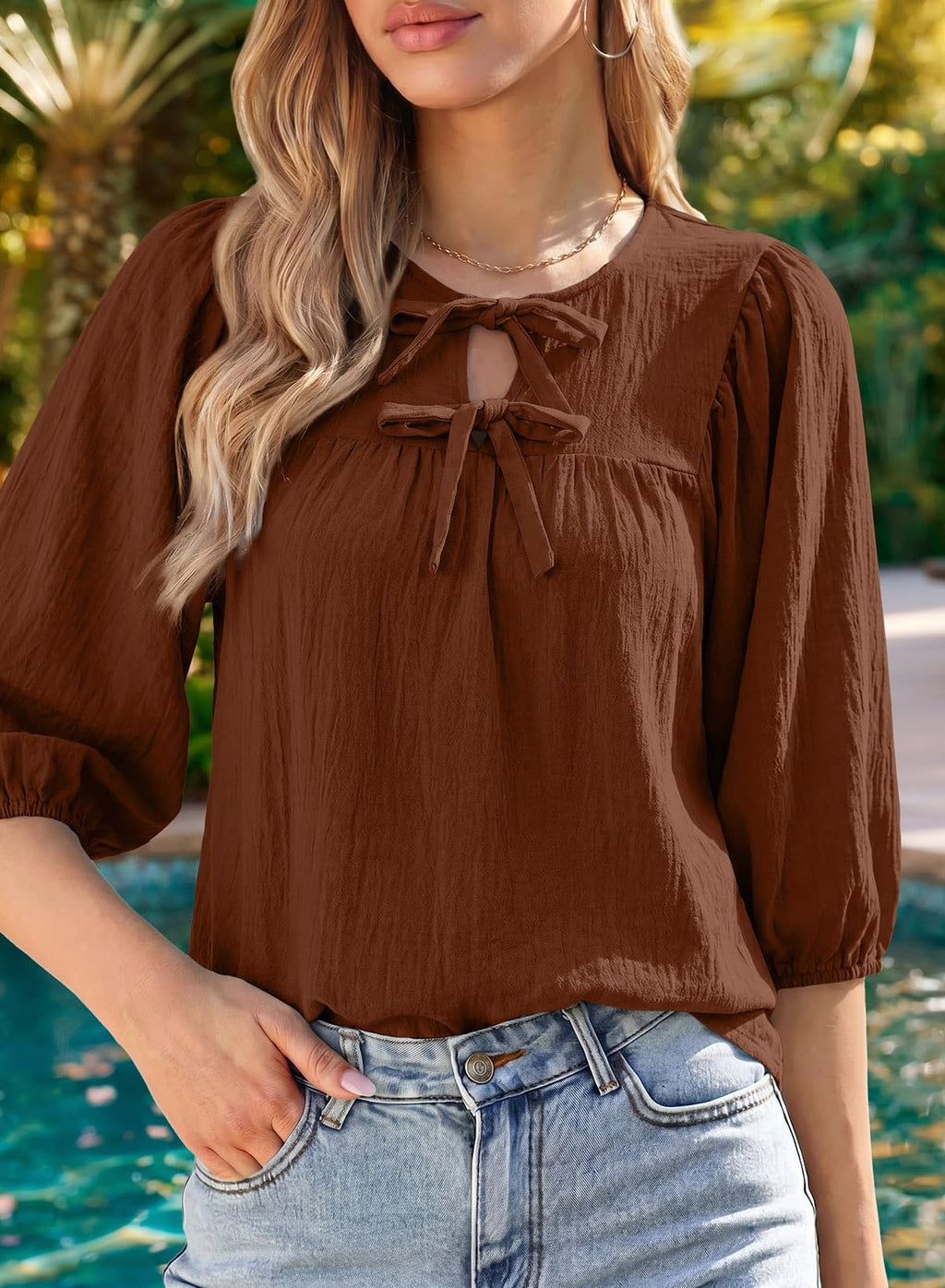 SHEWIN Womens Tops 3/4 Sleeves Blouse Babydoll Dressy Casual Top Elegant Bow Tie Loose Ladies Shirts 2026