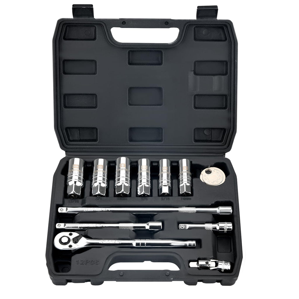 AEROFORCE 3/8-Inch Drive Spark Plug Socket Set 8PCS - Includes 6 Point Sockets 5/8-inch, 3/4-inch and 13/16-inch, 12 Point Sockets 14mm&18mm, 2 Extension Bars,Universal Joint