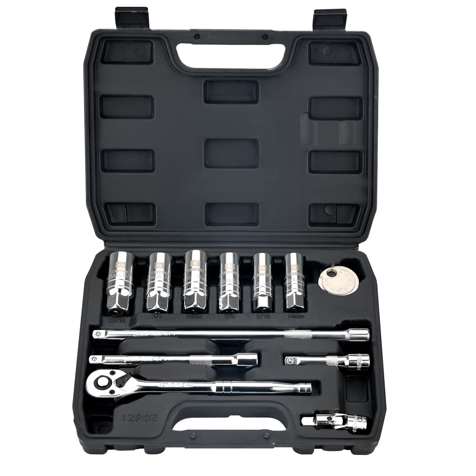 AEROFORCE 3/8-Inch Drive Spark Plug Socket Set 8PCS - Includes 6 Point Sockets 5/8-inch, 3/4-inch and 13/16-inch, 12 Point Sockets 14mm&18mm, 2 Extension Bars,Universal Joint