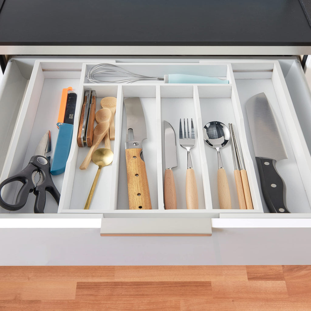 Expandable Acacia Kitchen Drawer Organizer for Cutlery and Utensils, Adjustable Acacia Wood Cutlery Tray in Drawer for Flatware and Silverware in Kitchen