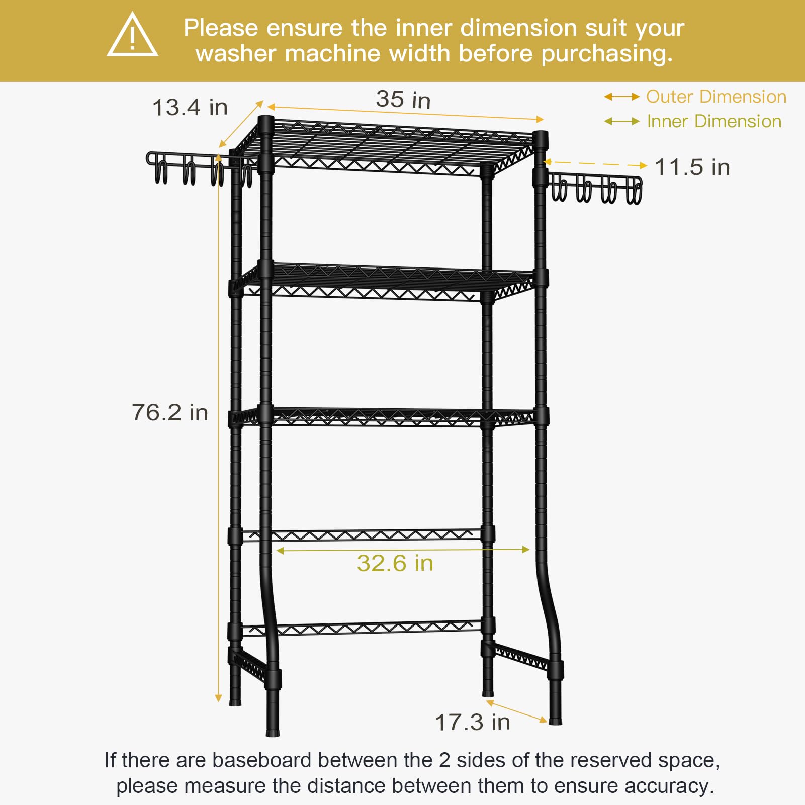 Ulif U8 Medium Laundry Room Storage Organizer, Over the Washer and Dryer Storage Shelves for Laundry Organization, 32.3”W x 17.3”D x 76.2”H, Suit Washing Machine Width within 29.9”, Hold 304 lb, Black