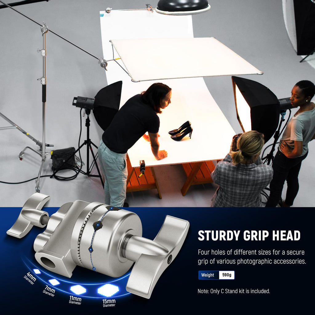 NEEWER Pro 100% Stainless Steel Heavy Duty C Stand with Boom Arm, Max Height 68"/172cm Photography Light Stand with 2.7ft/83cm Holding Arm, 2 Grip Head for Studio Monolight, Softbox, Reflector, SC172