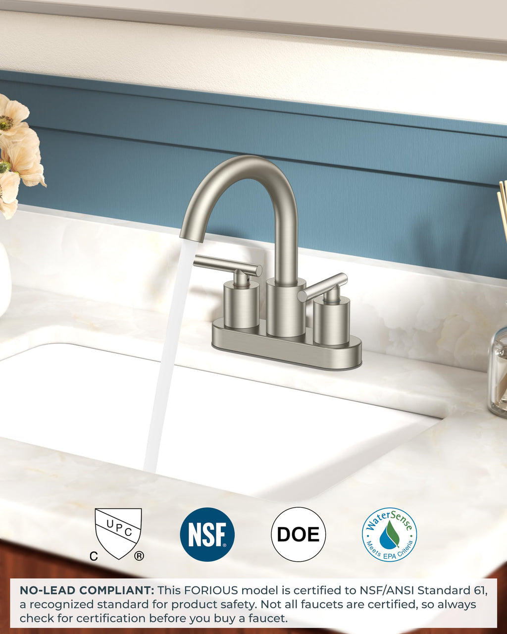 FORIOUS 4" Brushed Gold Bathroom Faucet Centerset 4 Inch, 2 Handle 2 Hole Gold Faucets for Bathroom Vanity wtih Metal Pop Up Dain, CUPC Supply Hose, High Arc Swivel Spout