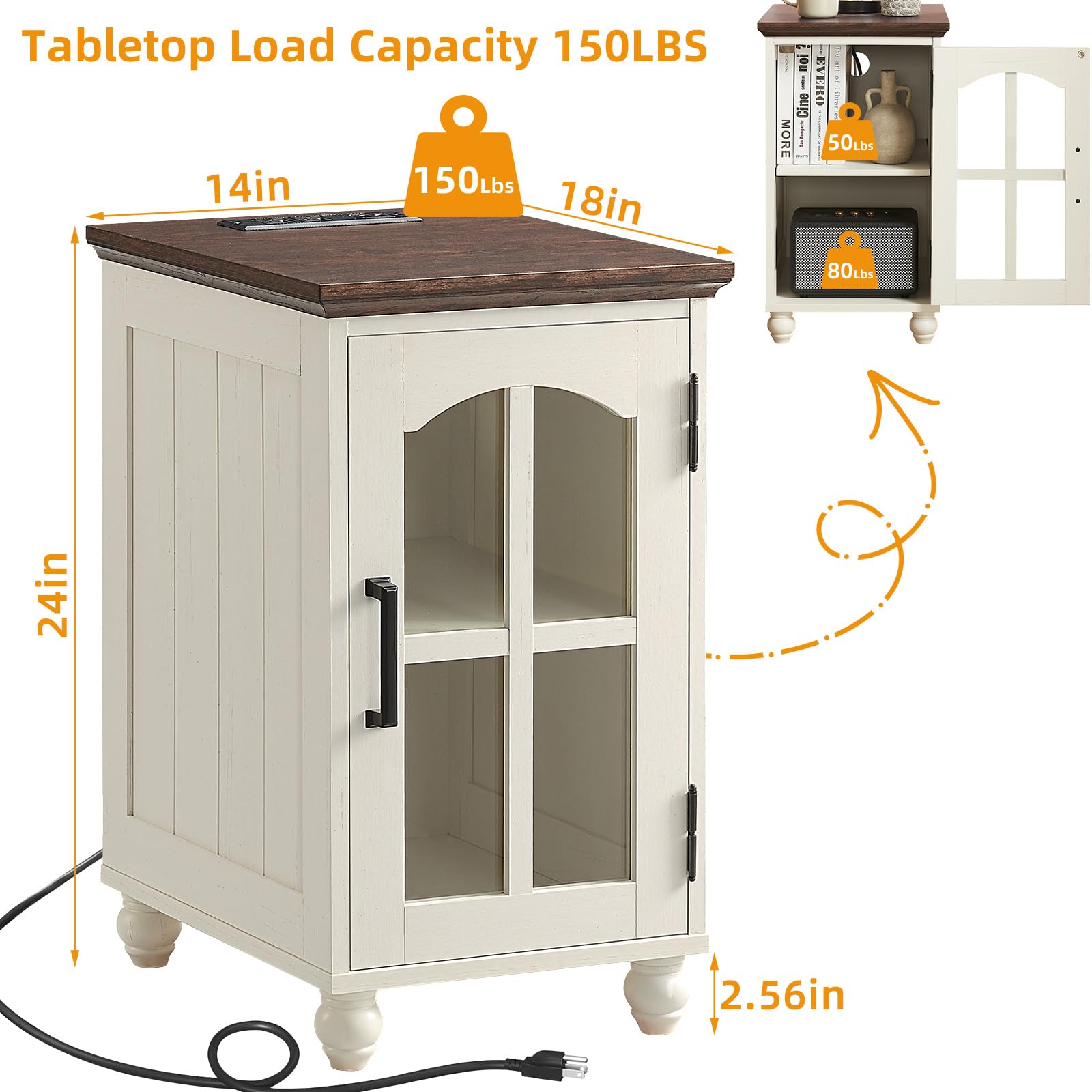 Narrow Side Table,Farmhouse Nightstand with Charging Station,Wood End Table with Glass Barn Door Storage, Cabinet Organizer with Adjustable Shelf, Night Stand for Small Spaces for Living Room Bedroom