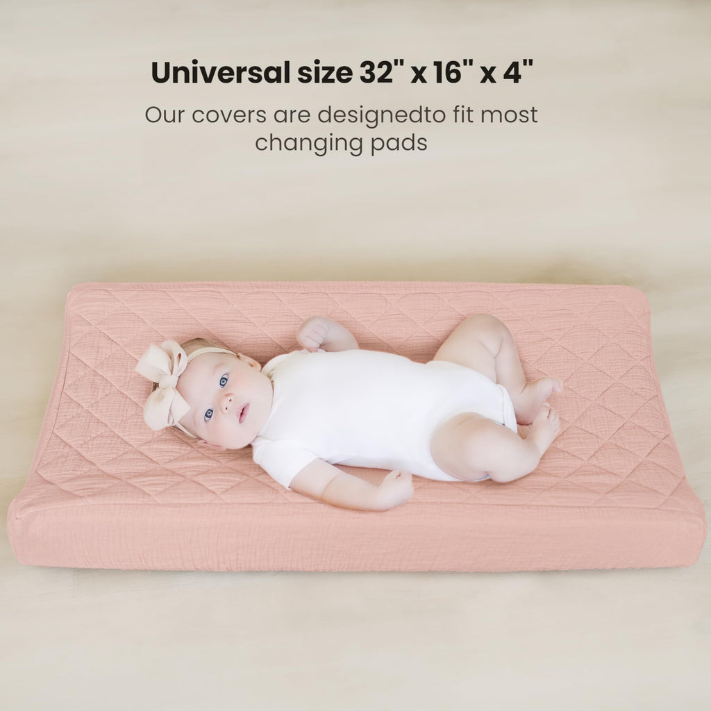 Konssy Waterproof Muslin Changing Pad Cover 2 Pack, Quilted Cotton Fitted Diaper Chang Table Cover, Soft Changing Pad Sheets for Girls Boys (Blossom,Pink)