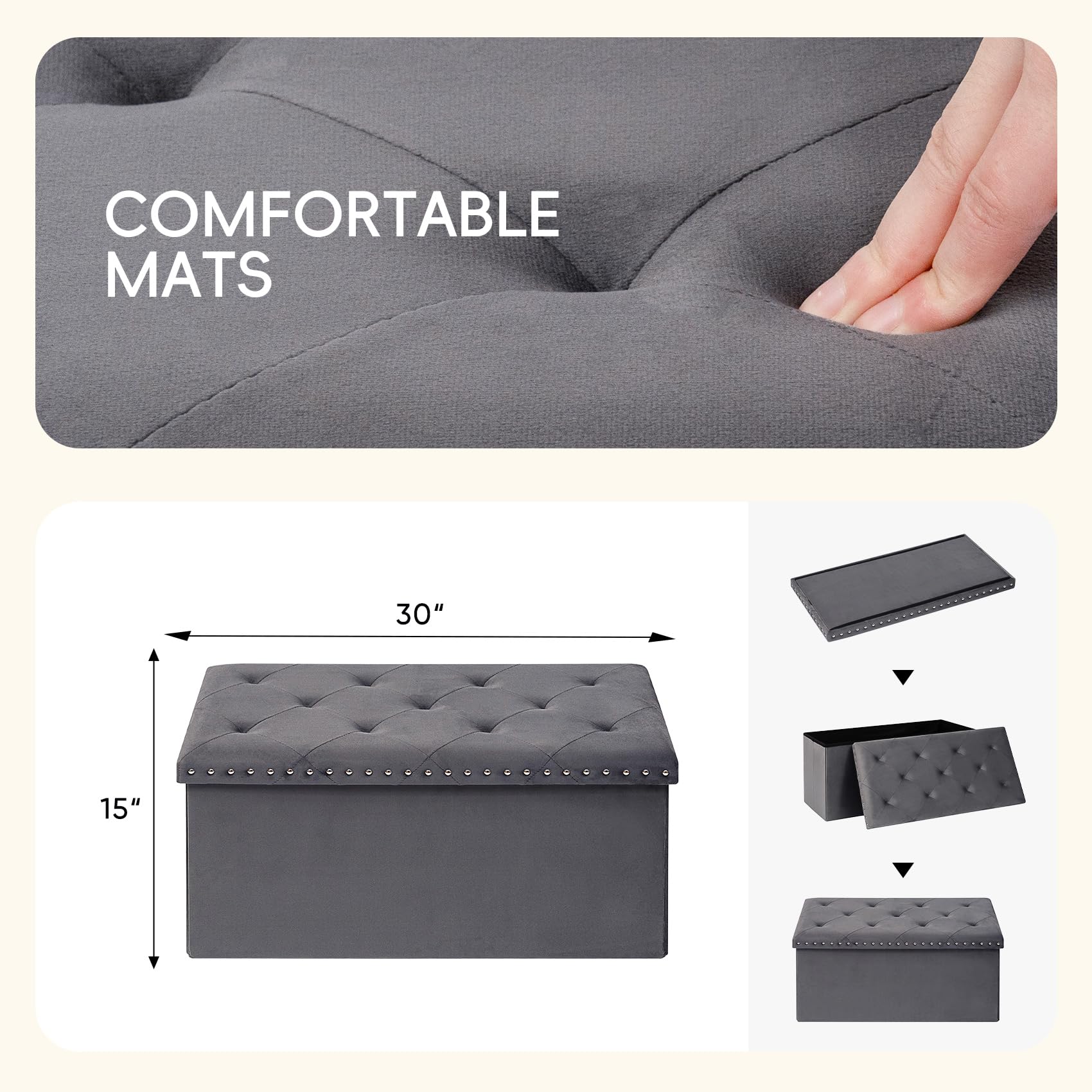 PINPLUS Folding Storage Ottoman Bench, Folding Velvet Tuffed Foot Rest Stool with Rivet, End of Bed Bench Large Long Shoes Chest for Bedroom Entryway Living Room, Beige, 41.3 Inches