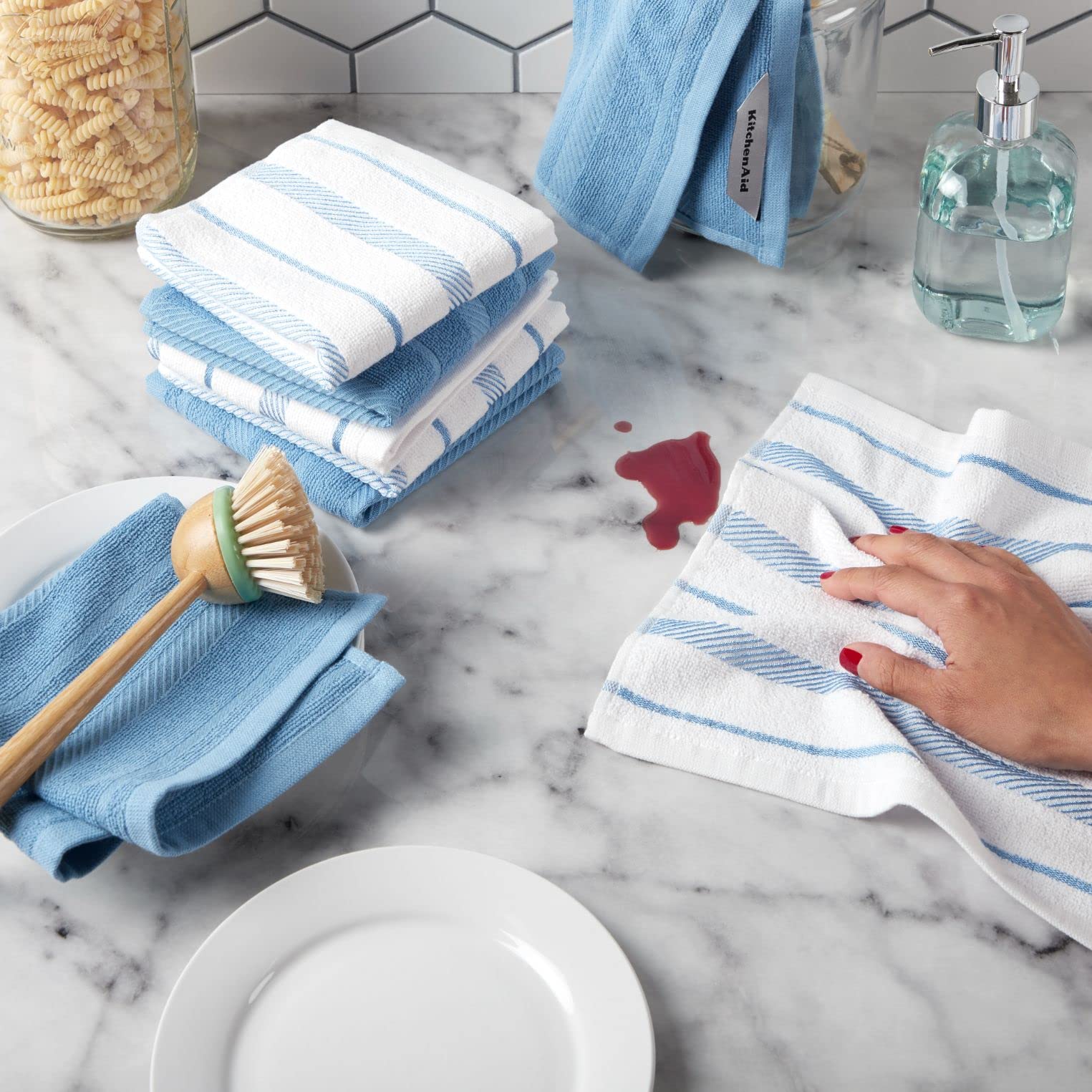 KitchenAid Albany Dishcloth 8 Pack Set, Aqua Sky/White, 12"x12"