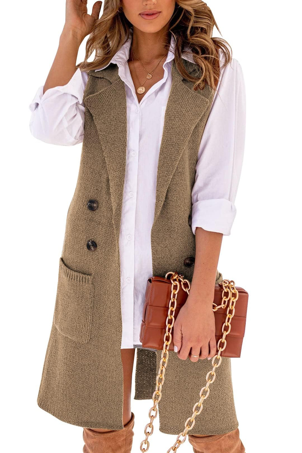 Danedvi Women Open Front Lapel Collar Cardigan Vest Button Down Long Sweaters Cardigan Solid Outerwear Coats