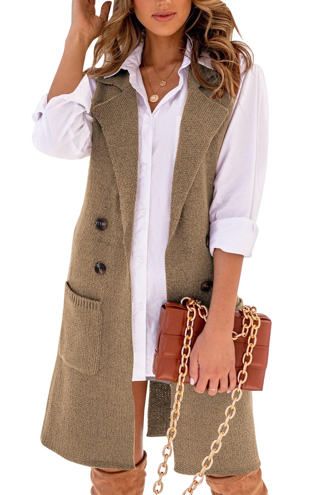 Danedvi Women Open Front Lapel Collar Cardigan Vest Button Down Long Sweaters Cardigan Solid Outerwear Coats