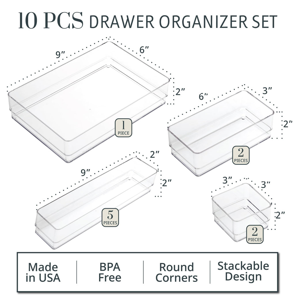 STORi SimpleSort 10-Piece Stackable Clear Drawer Organizer Set | Multi-size Trays | Makeup Vanity Storage Bins and Office Desk Drawer Dividers | Made in USA