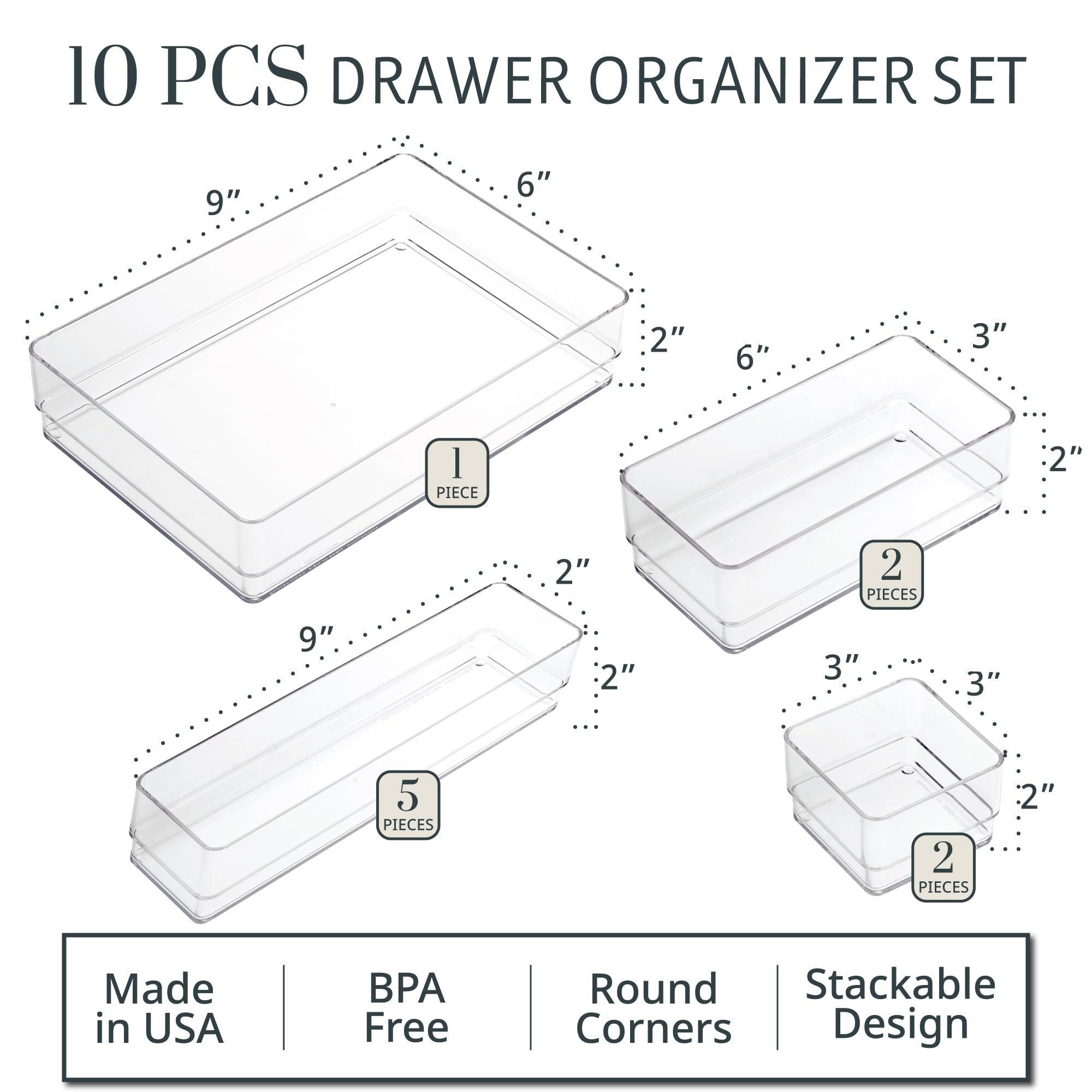 STORi SimpleSort 10-Piece Stackable Clear Drawer Organizer Set | Multi-size Trays | Makeup Vanity Storage Bins and Office Desk Drawer Dividers | Made in USA