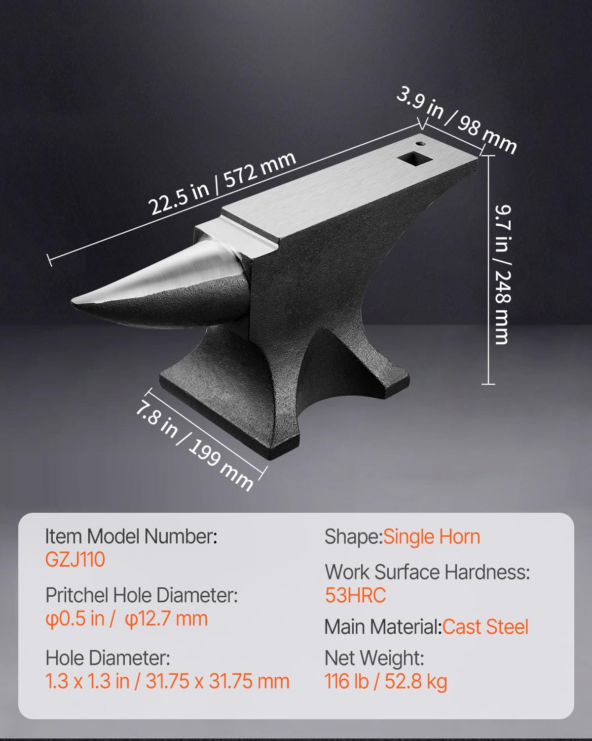 VEVOR Single Horn Anvil, 9 Lbs Cast Steel Anvil, High Hardness Rugged Round Horn Anvil Blacksmith, Compact Design and Stable Base, Forge Tools and Equipment, Metalsmith Tool for Bending and Shaping