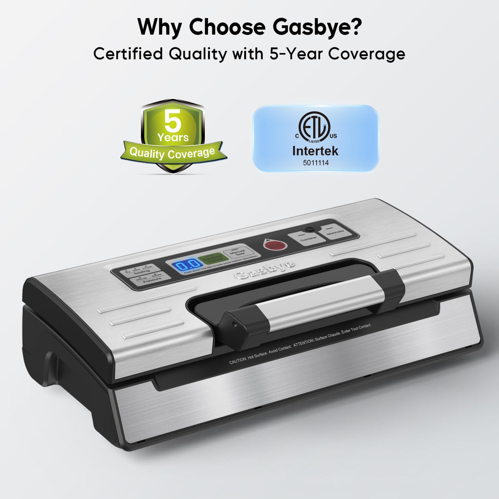 Gasbye 95kPa Precision Vacuum Sealer Machine, Double Heat Seal for Dry/Moist Food, Easy-Lock Handle, Built-in Bag Storage & Cutter, Progress Display, Pulse Mode, Removable Drip Tray, Silver