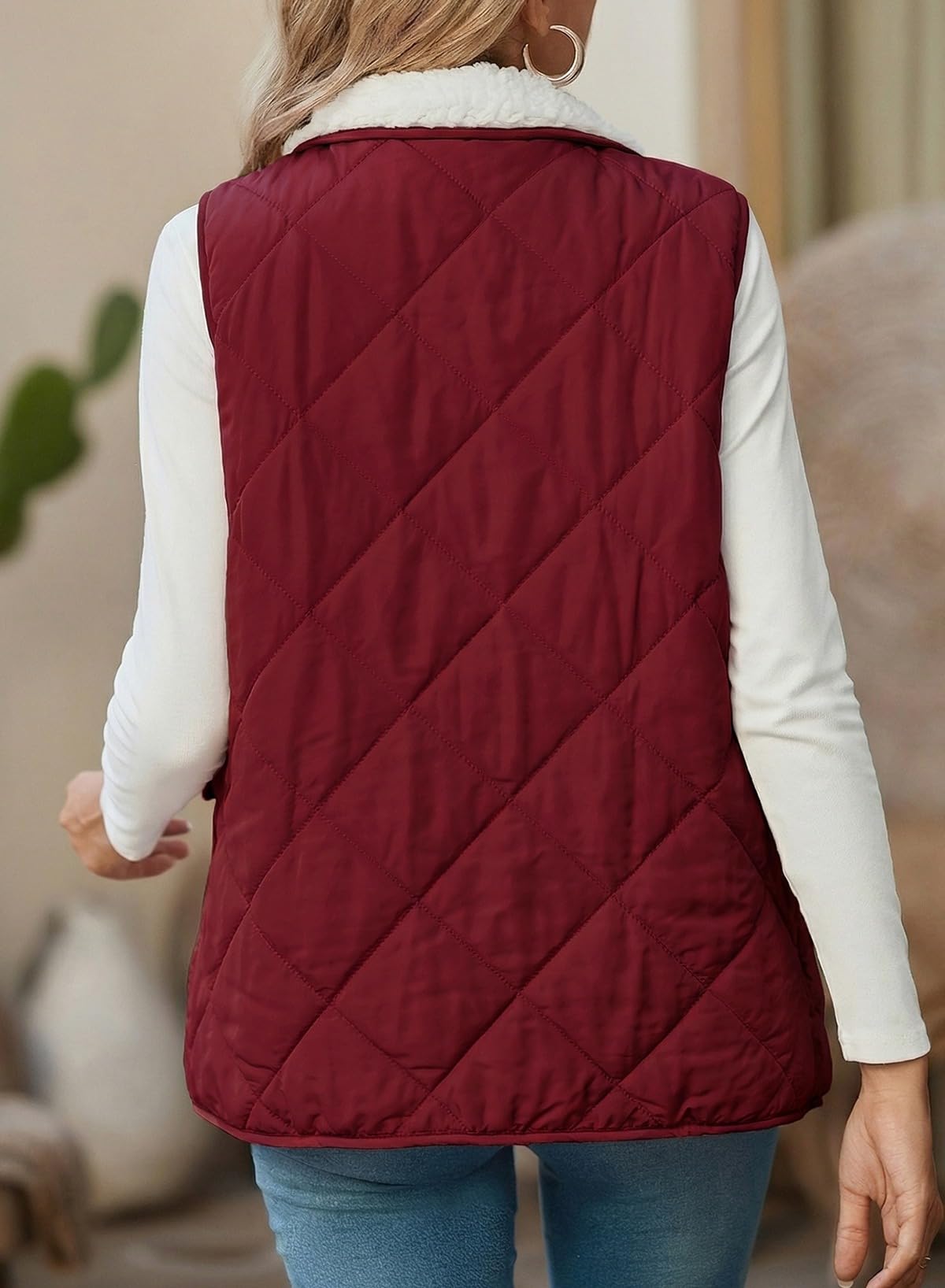 SHEWIN Women Puffer Vest Casual Stand Collar Sleeveless Puffer Jacket Warm Winter Reversible Zip Up Outerwear with Pockets