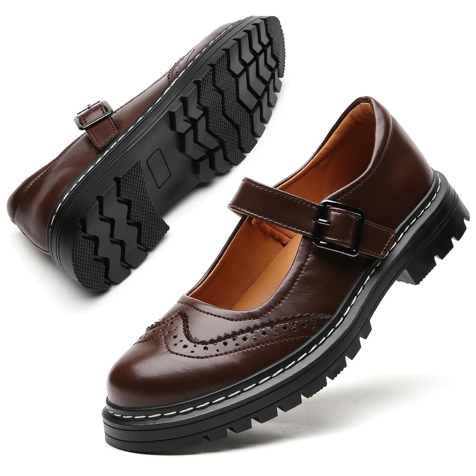 Mary Jane Shoes Women Platform Non-Slip Classics Round Toe Ankle Strap Comfort Casual Oxford Dress Work Mary Jane Flat Shoes