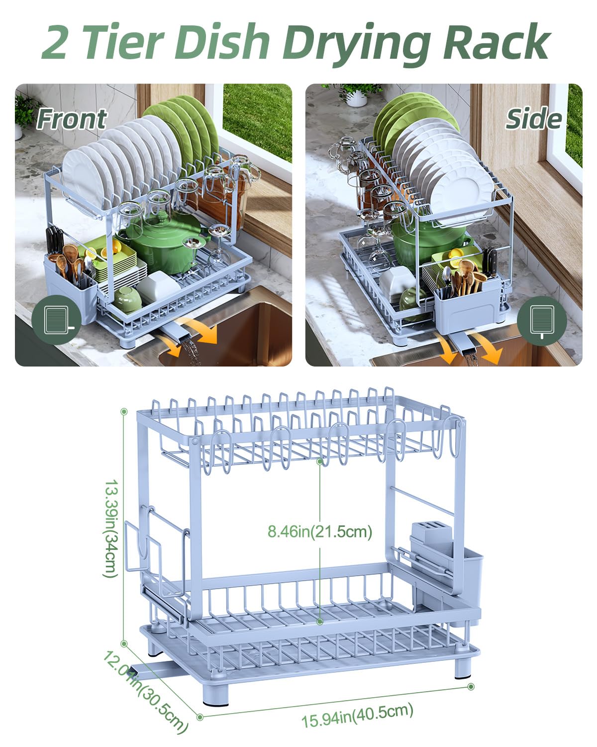 Dish Drying Rack, 2 Tier Space-Saving Dish Rack, Multifunctional Dish Drainer for Kitchen Counter with Drainboard/Utensil/Cup Holder Rustproof Carbon Steel, Black