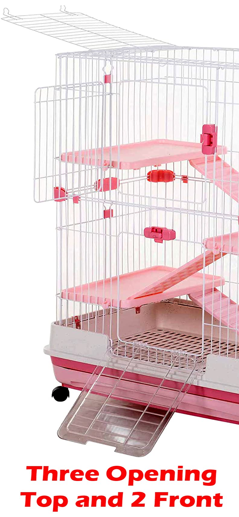 Deluxe 2-Level in/Outdoor Rabbit Hutch Cage for Ferret Squirrel Chinchilla Paw Safe Solid Platform Ramp Mesh Floor Pull Out Leakproof Easy Clean 2-Inch Deep Tray Large Access Doors Lockable Casters